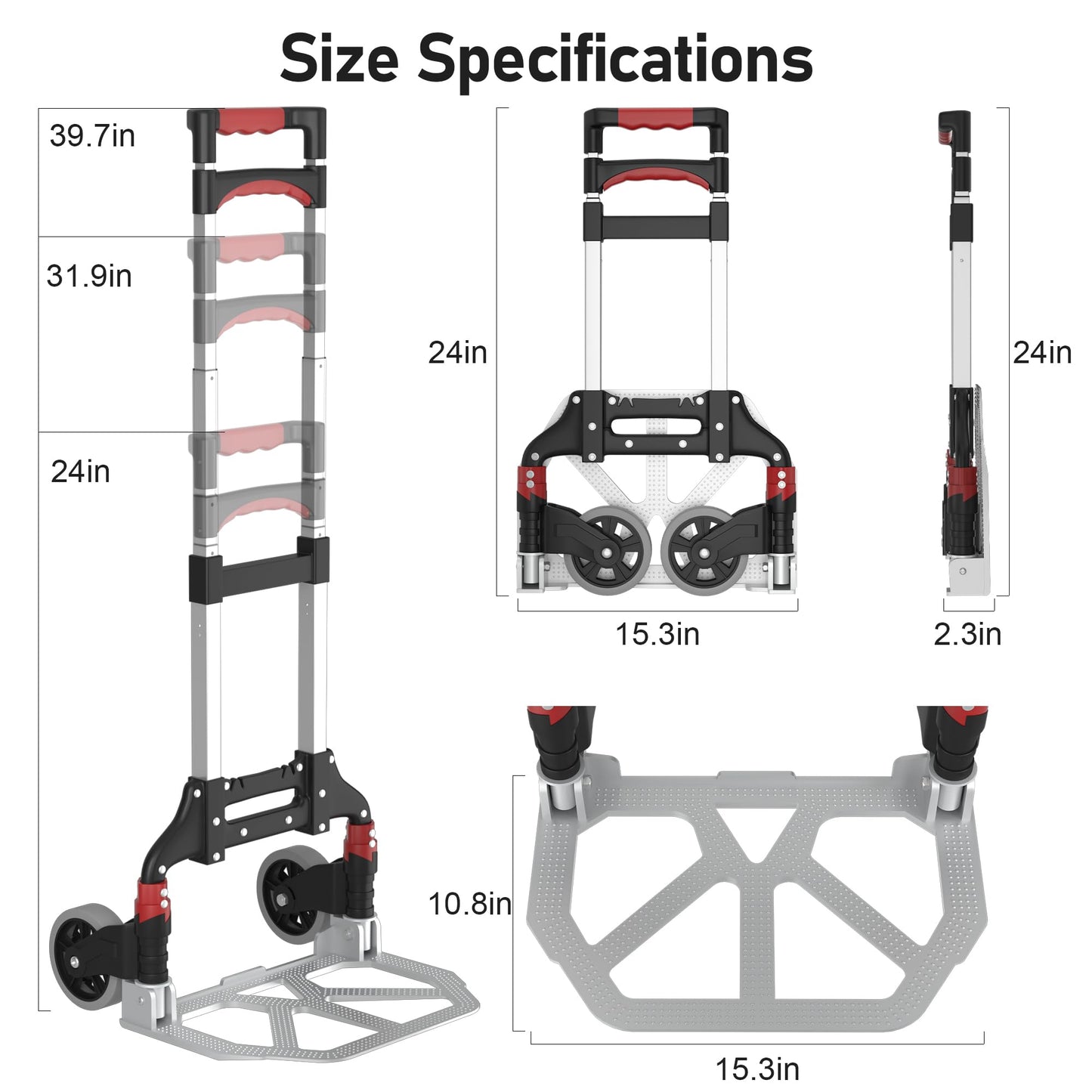 DIAMONDFORGE Folding Hand Truck, 180lbs Lightweight Foldable Dolly Cart with Wheels and Telescopic Handle, Portable Folding Dolly with Rubber Wheels for Moving Groceries, Home, Auto, Black Red