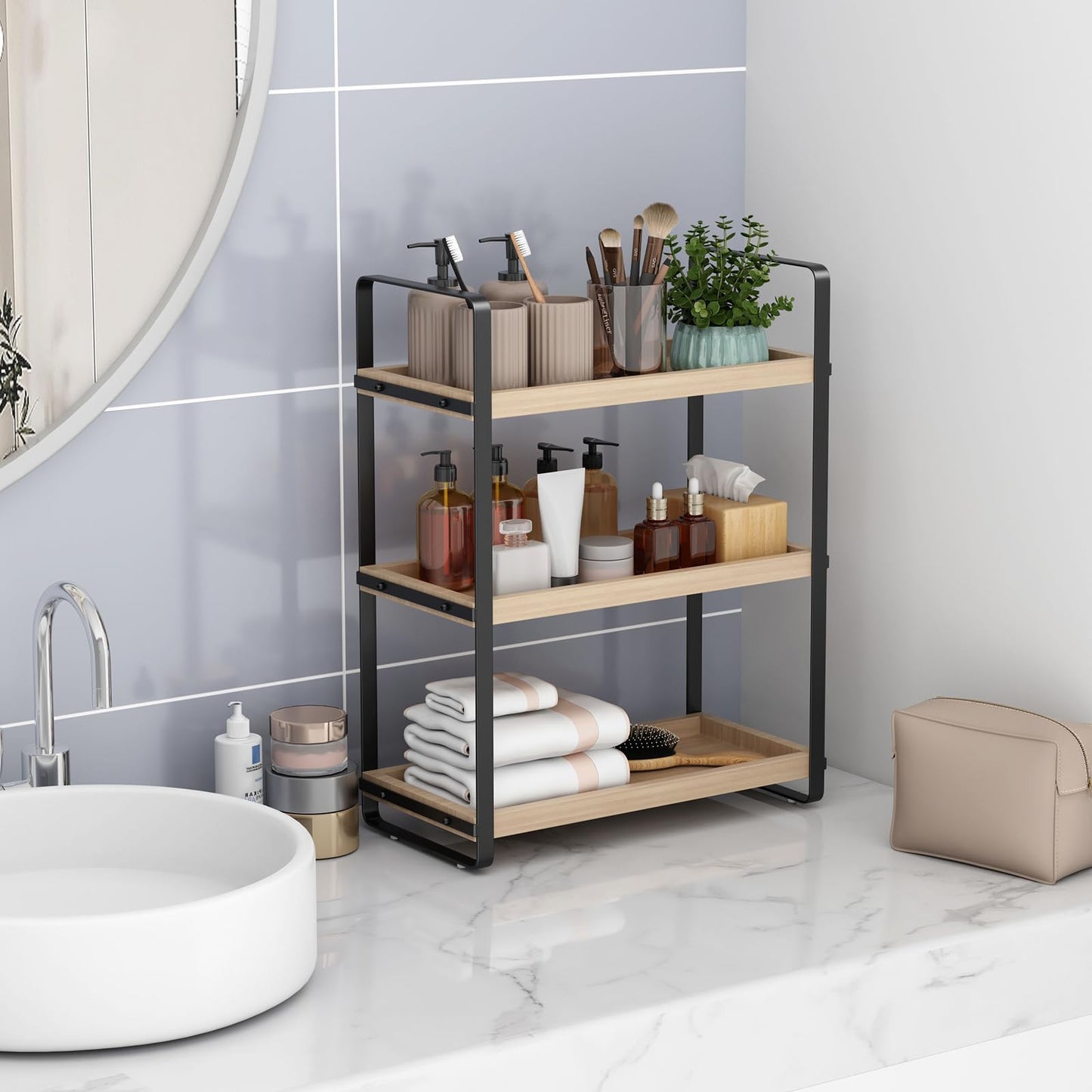 HNRLOY Bathroom Counter Organizer,Bathroom Countertop Organizer,Counter Shelf,Countertop Storage,Organization and Storage,Makeup Shelf,Sink Caddy(Burlywood 3 Tier)