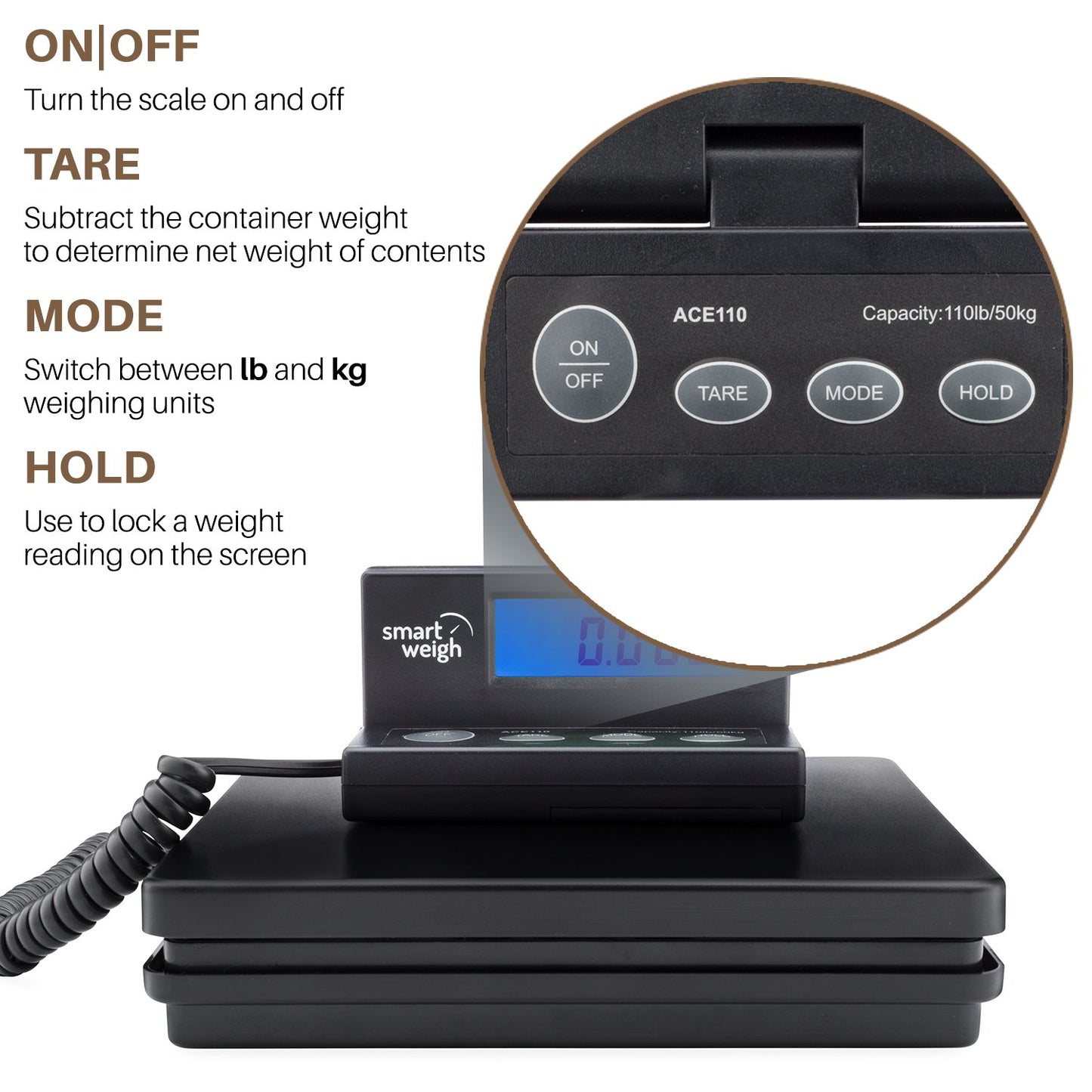Smart Weigh Digital Postal Shipping Scale, 110lb/50kg to 0.1oz/2g Precision, Hold Function, Separate Wall-Mount Screen, AC Adapter & Batteries Included