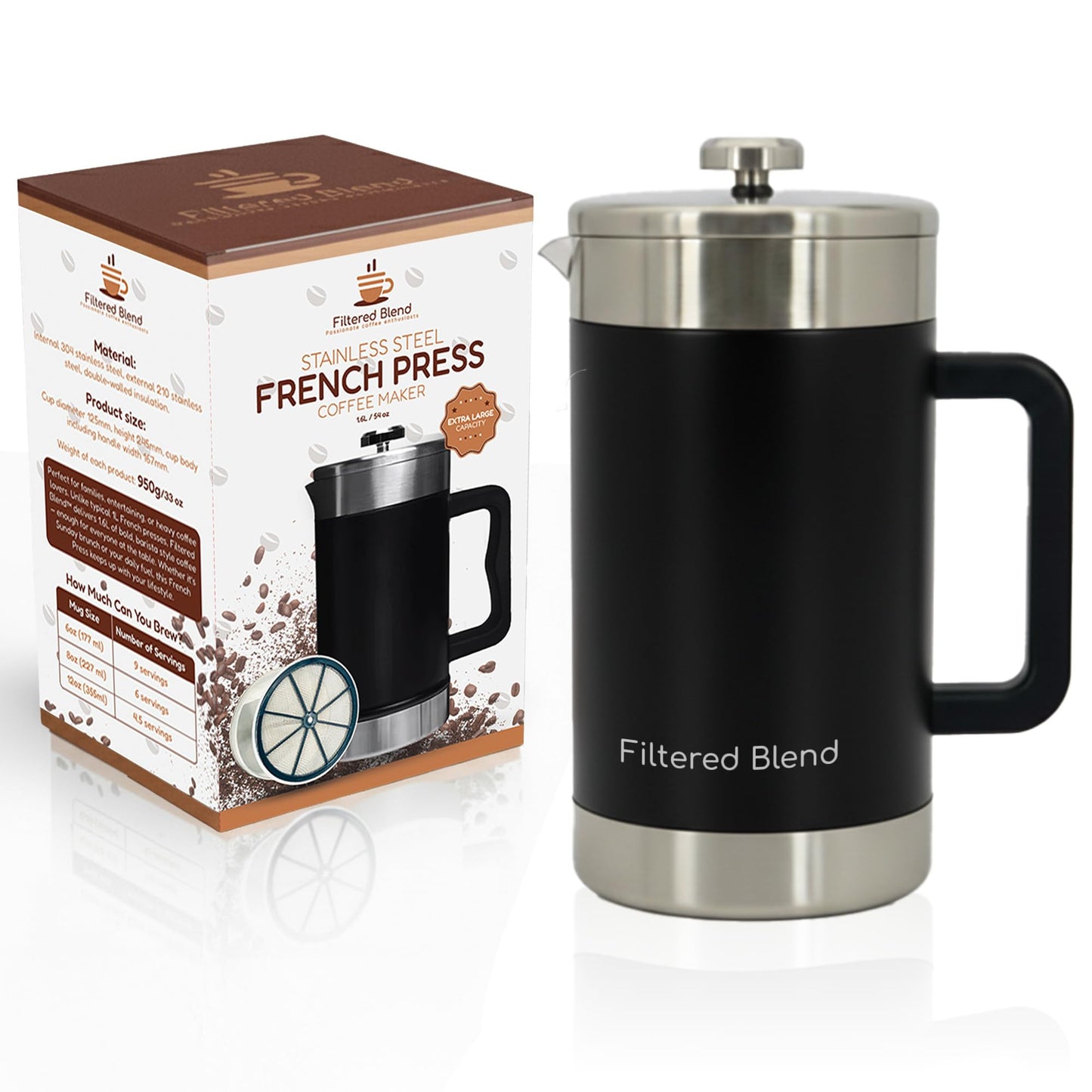 Filtered Blend 1.6L French Press Coffee Maker, 54oz Large Capacity French Press Stainless Steel Brewer with Double Filter Mesh for Kitchen Travel Camping, Hot & Cold Brew Coffee Maker Gifts (Black)