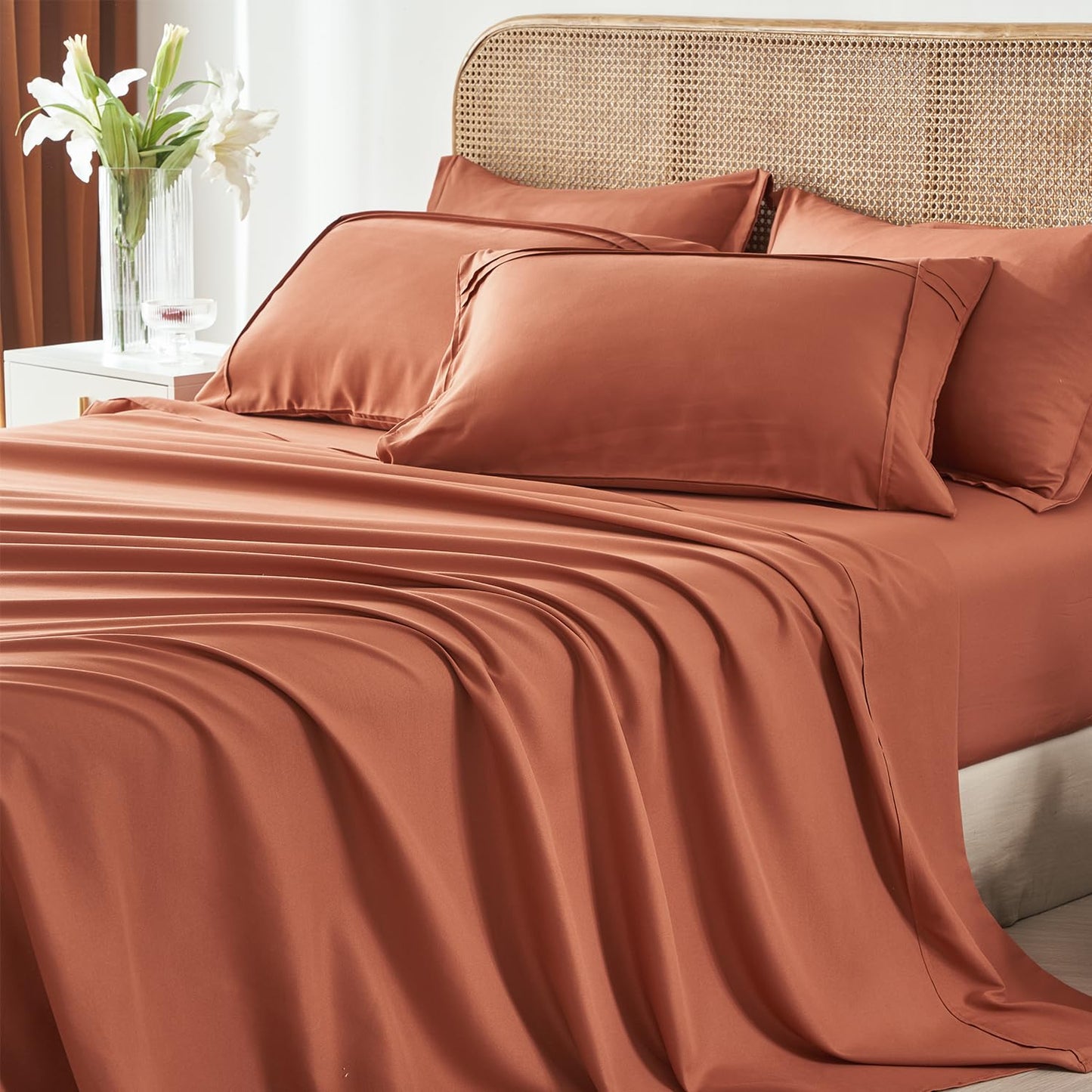 Yogeneg Queen Comforter Set 7 Piece Bed in a Bag,Grid Pinch Pleat Terracotta Bedding Set,Striped Textured Soft Microfiber Comforter with Sheet Set,All Season Complete Bed Set(Terracotta,Queen)