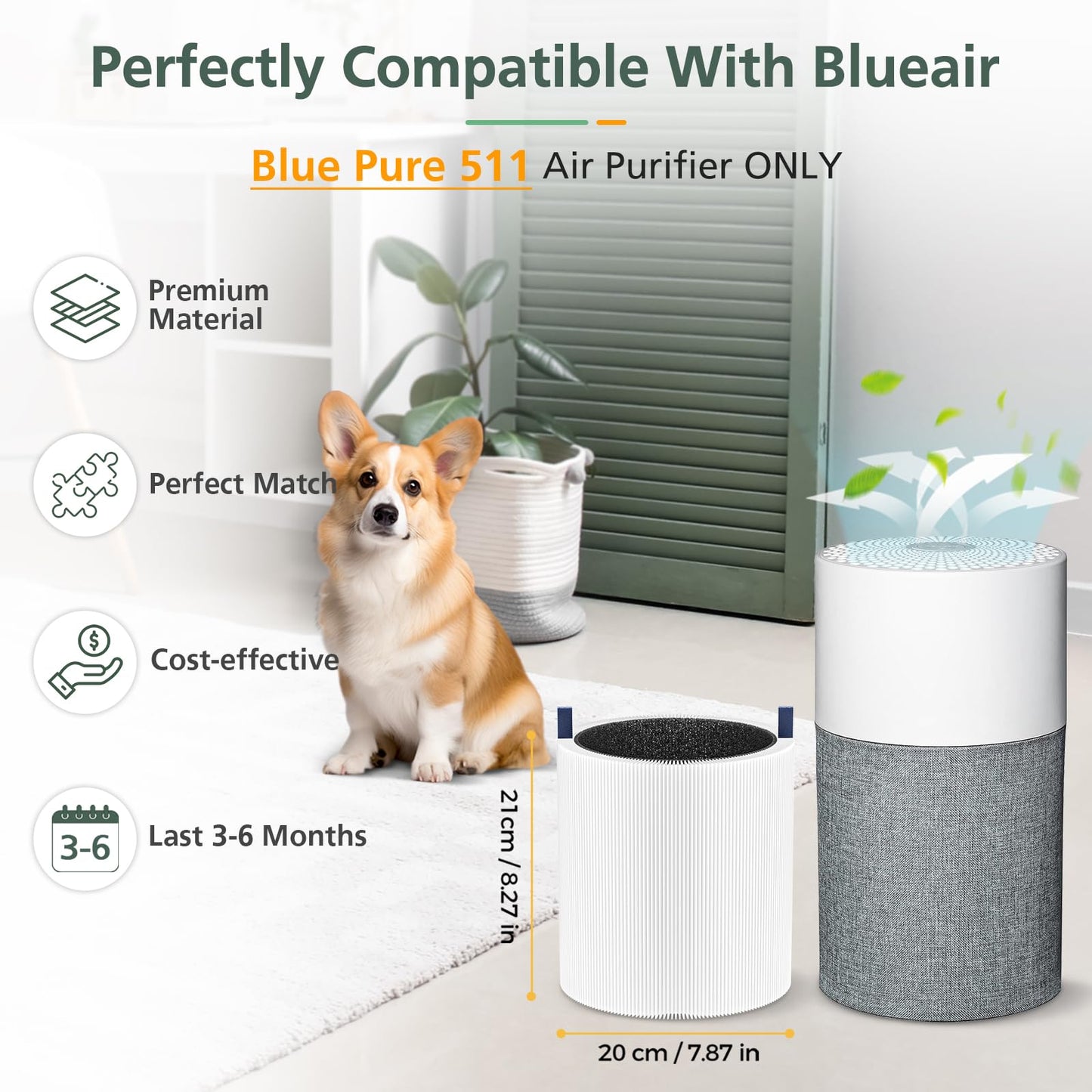 Blue Pure 511 Replacement Filter Compatible with Blueair Blue Pure 511 Air Purifier, 2-in-1 511 HEPA Particle Filter and Activated Carbon Filter, 2 Pack