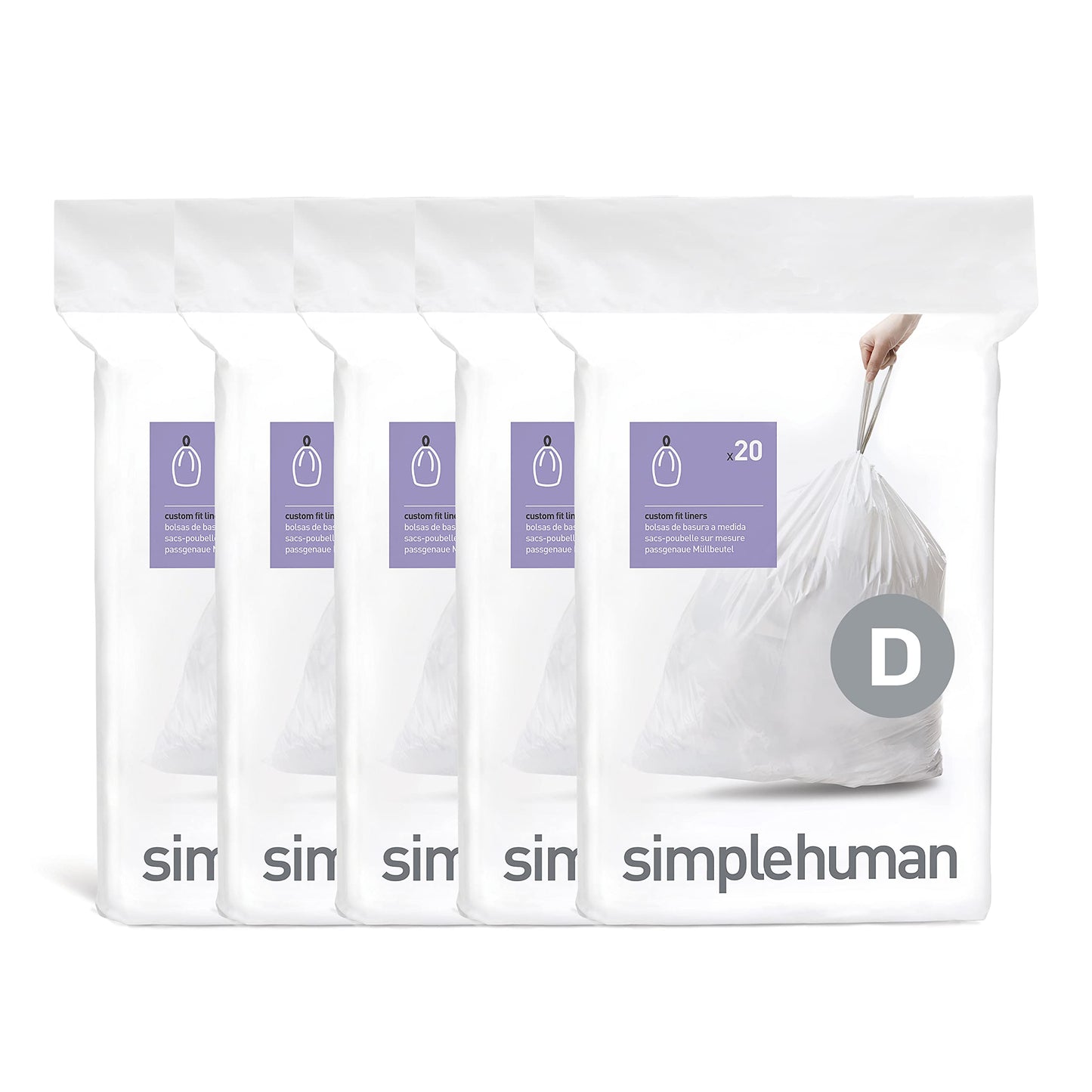simplehuman Code D 100 Count Custom Fit Liners, Drawstring Kitchen Trash Bags, One-by-One Mess-Free Dispense, Extra Thick & Double Seamed, 50% PCR Plastic, 20 Liter / 5.3 Gallon, White