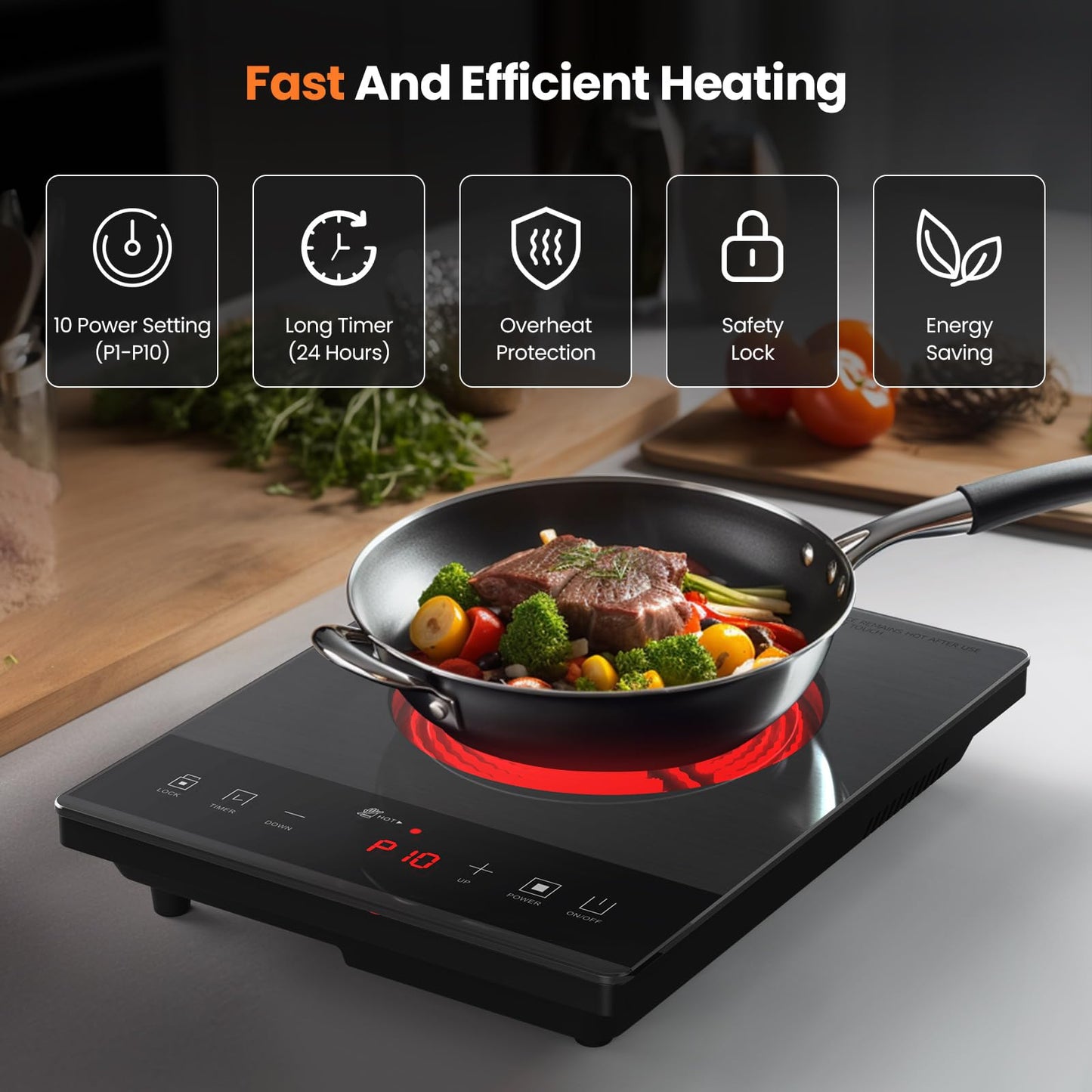 Electric Hot Plate,Nuopuplai Single Countertop Burner Portable Ceramic Cooktop For Cooking Ultra-thin Electric Stove Infrared Cooker,24-Hour Timer Child Safety Lock,Compatible With All Cookware 1800W