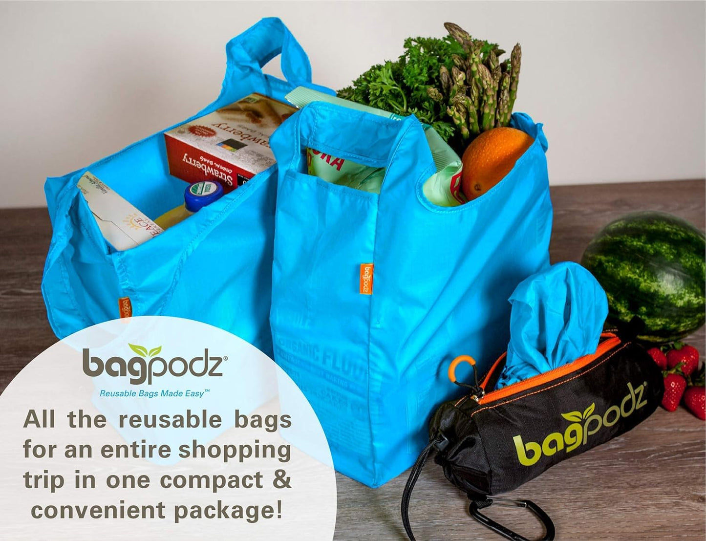 BagPodz Sturdy Reusable Grocery Bags Foldable and Washable - Made From RipStop Nylon Hold 50lbs - Designed in USA Reusable Shopping Bags Inside a Compact Pod with Carry Clip - 10 Pack in Blue