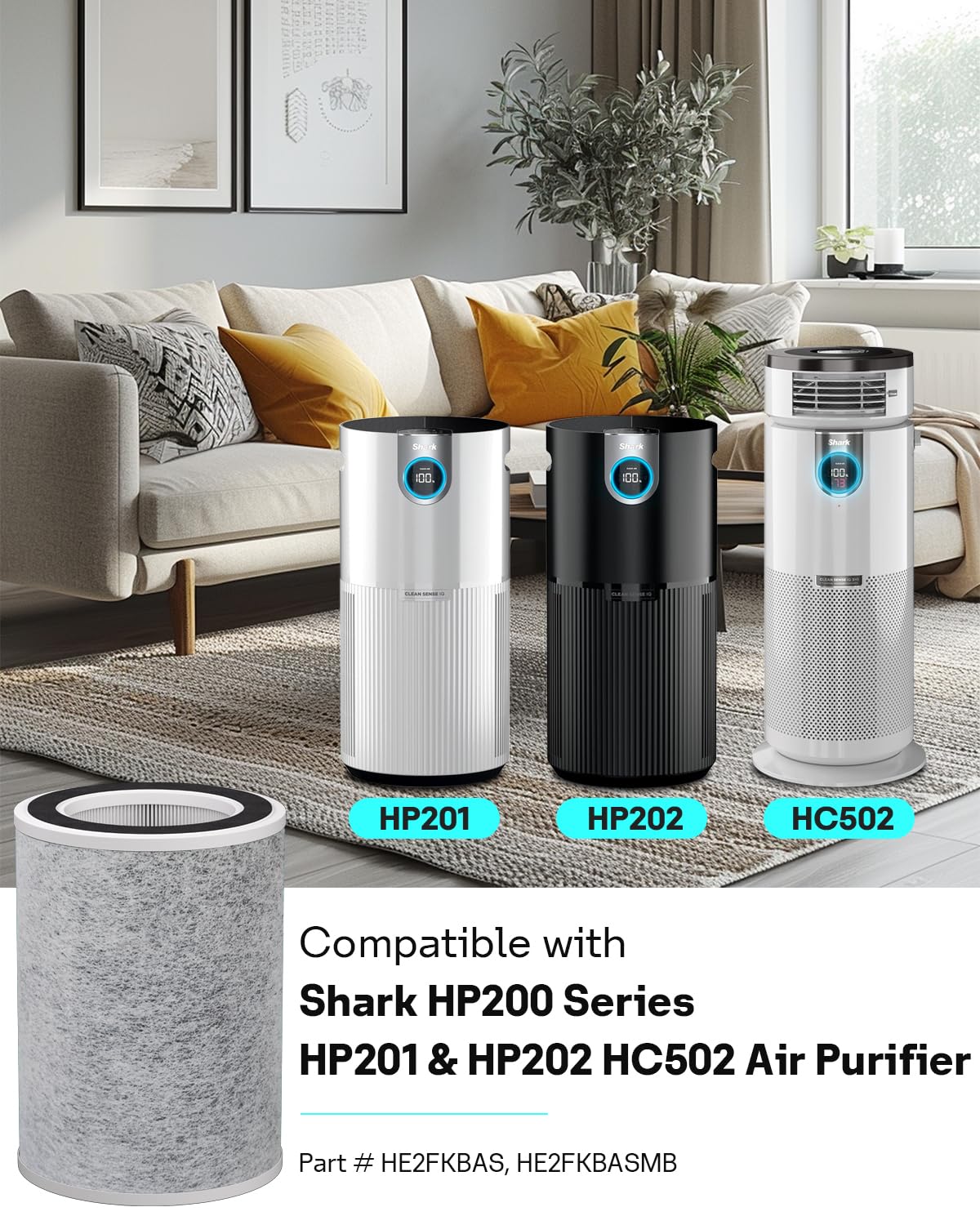 Leemone True HEPA HP201 HP202 Filter Replacement for Shark HP200 Series & HC501 HC502 UA205 Air Puri-fier MAX,3-in-1 H13 Grade Filter, Part # HE2FKBAS, HE2FKBASMB