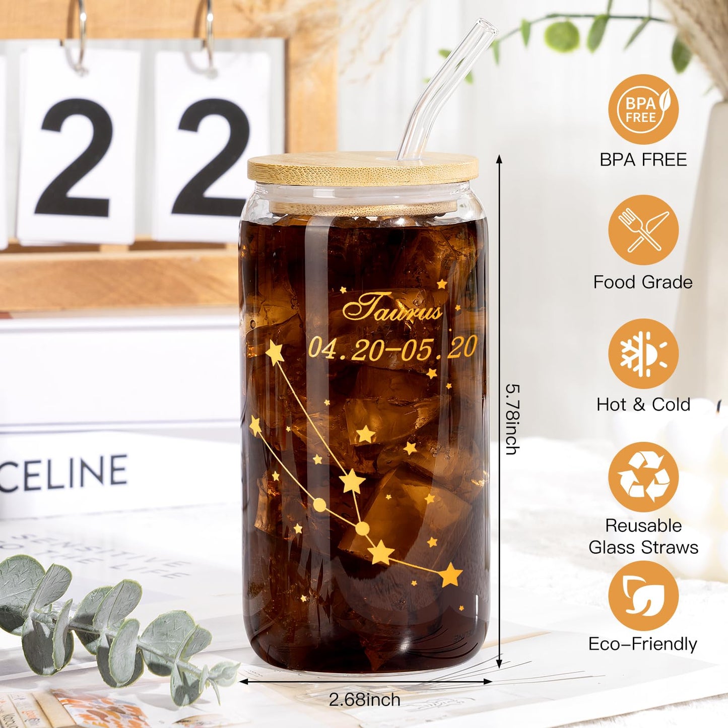 Taurus Birthday Gifts for Women, Taurus Gifts for Women Baskets, Get Well Gifts for Best Friend Sister, Tau Astrological 16 oz Glass Cups Candle with Zodiac Gift Set Box