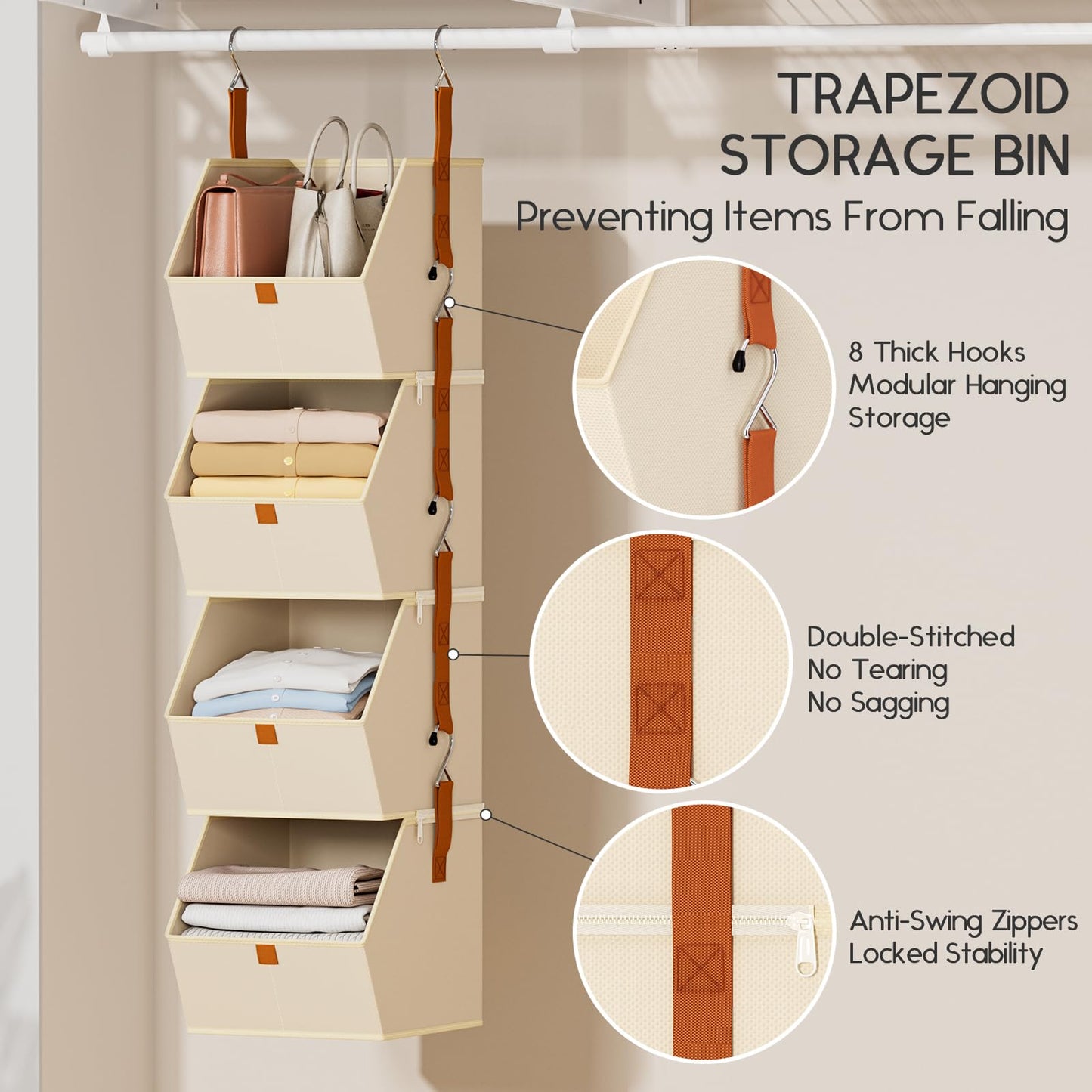 Homsorout Hanging Closet Organizer 4 Tier - Clothes Hanging Shelves, Space-Saving Closet System, Fabric Storage Bins Bedroom Organization, Collapsible Baskets for Home, Dorm, Rv, Beige, 8 Pack