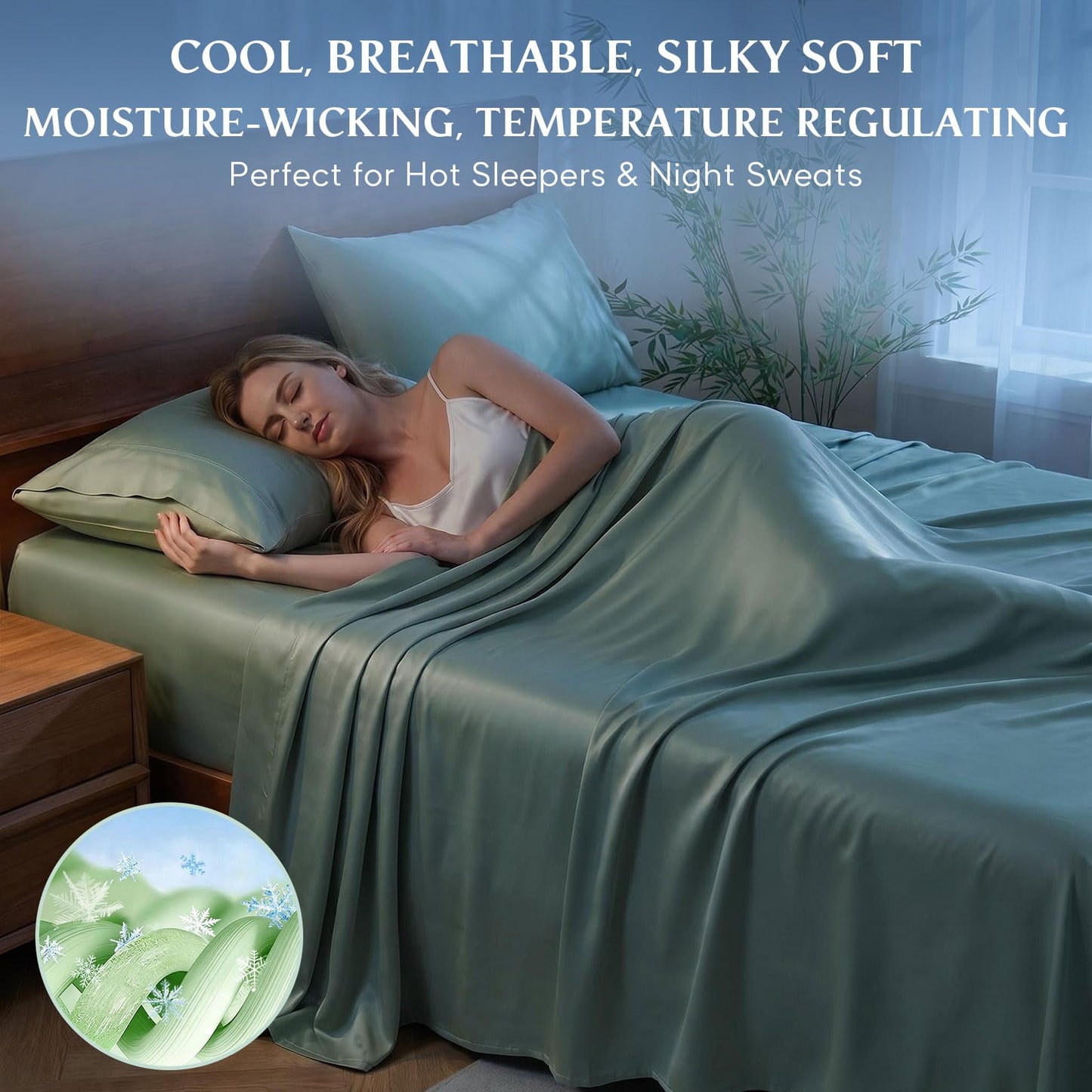 JSD Sage Green 100% Viscose Derived from Bamboo Sheet Set Queen, Cooling Sheets for Hot Sleepers, 300TC Sateen Weave, 16" Deep Pocket Corner Straps, Soft Silky Breathable Hotel Quality