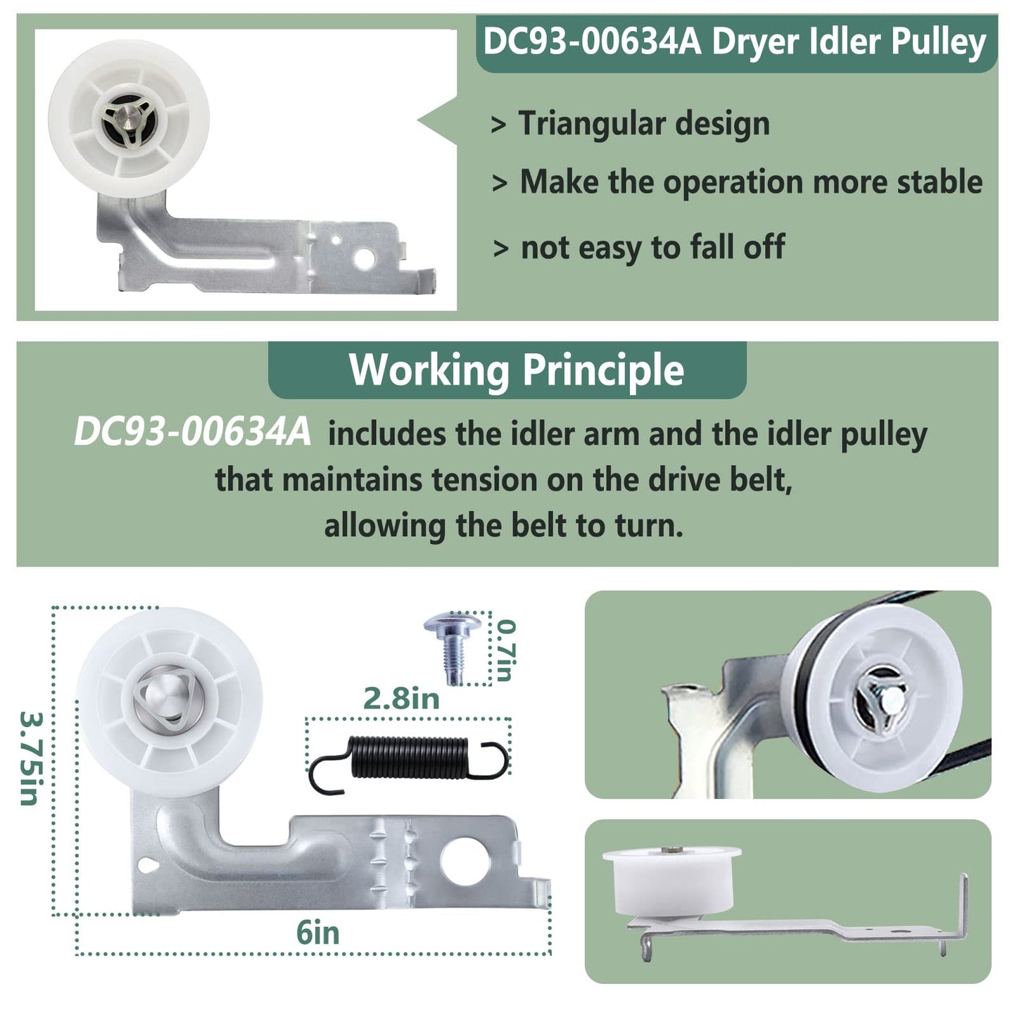 Upgraded Dryer Repair Kit Compatible with Samsung Dryer Roller Replacement Kit, for DC97-16782A Dryer Roller, DC93-00634A Idler Pulley, 6602-001655 Belt (6 Roller White Spacer)