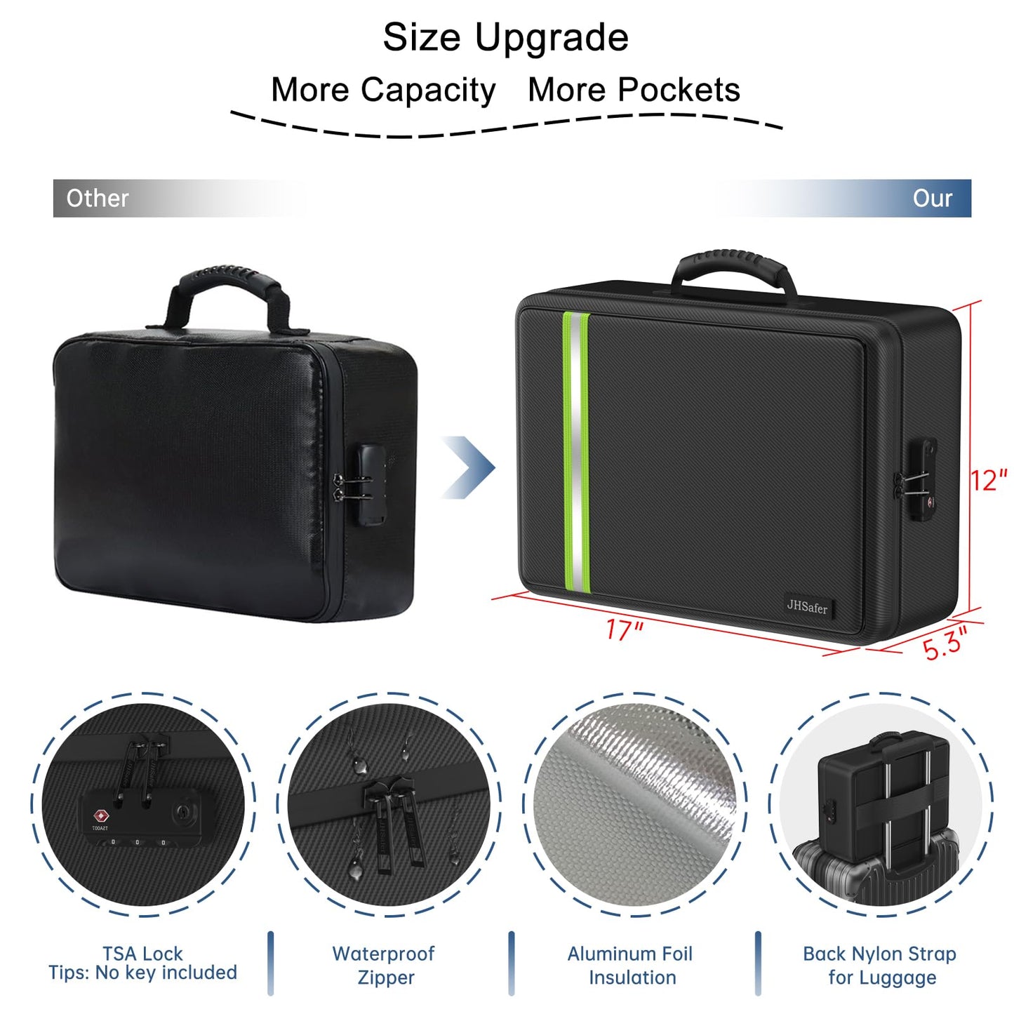 Fireproof Document Bag, Insulated Large Document Box with Lock, Important Document Organizer with Waterproof Zipper, Portable Soft Home Travel Office Safe Storage for Legal/Letter/A4 Files,Black