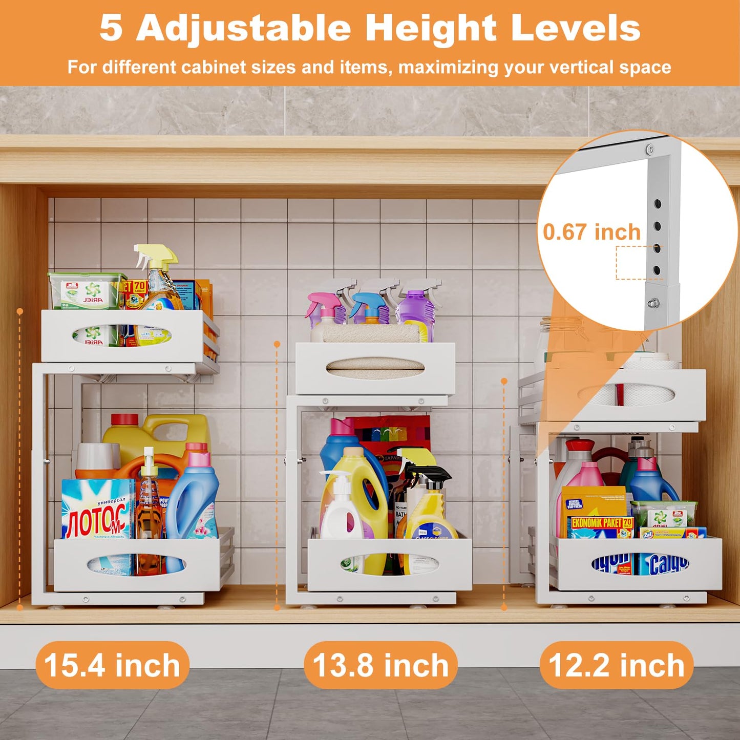 Under Sink Organizer, 2 Tier Under Sink Organizers and Storage, Adjustable Height, Slide out Metal Cabinet Organizers, Pull out Cabinet Storage Drawer Shelf for Kitchen Bathroom (White, 1 Pack)