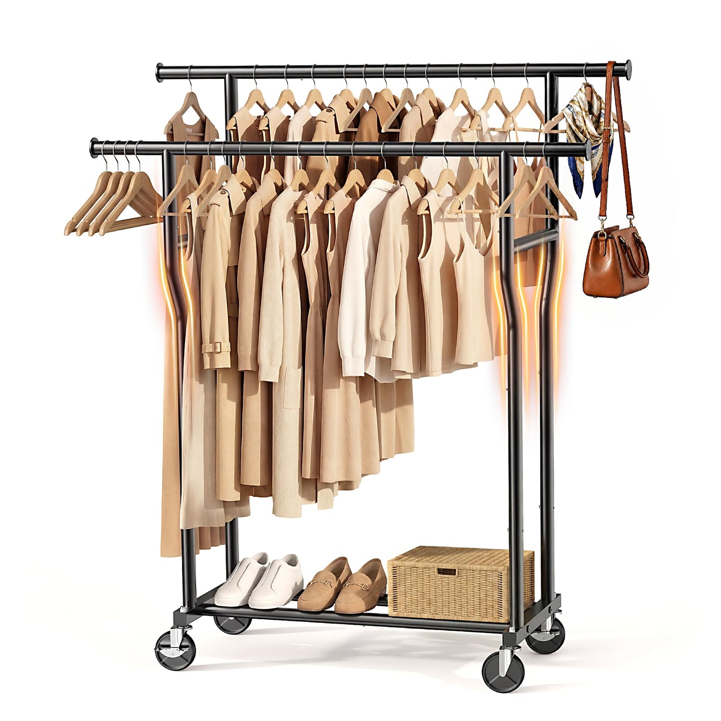 WATIOWL Clothes Rack, Double Rods Rolling Clothing Rack for Hanging Clothes Load 260 LBS Closet Rack with Wheels, Metal Portable Garment Rack for Bedroom Laundry Living Room, Black