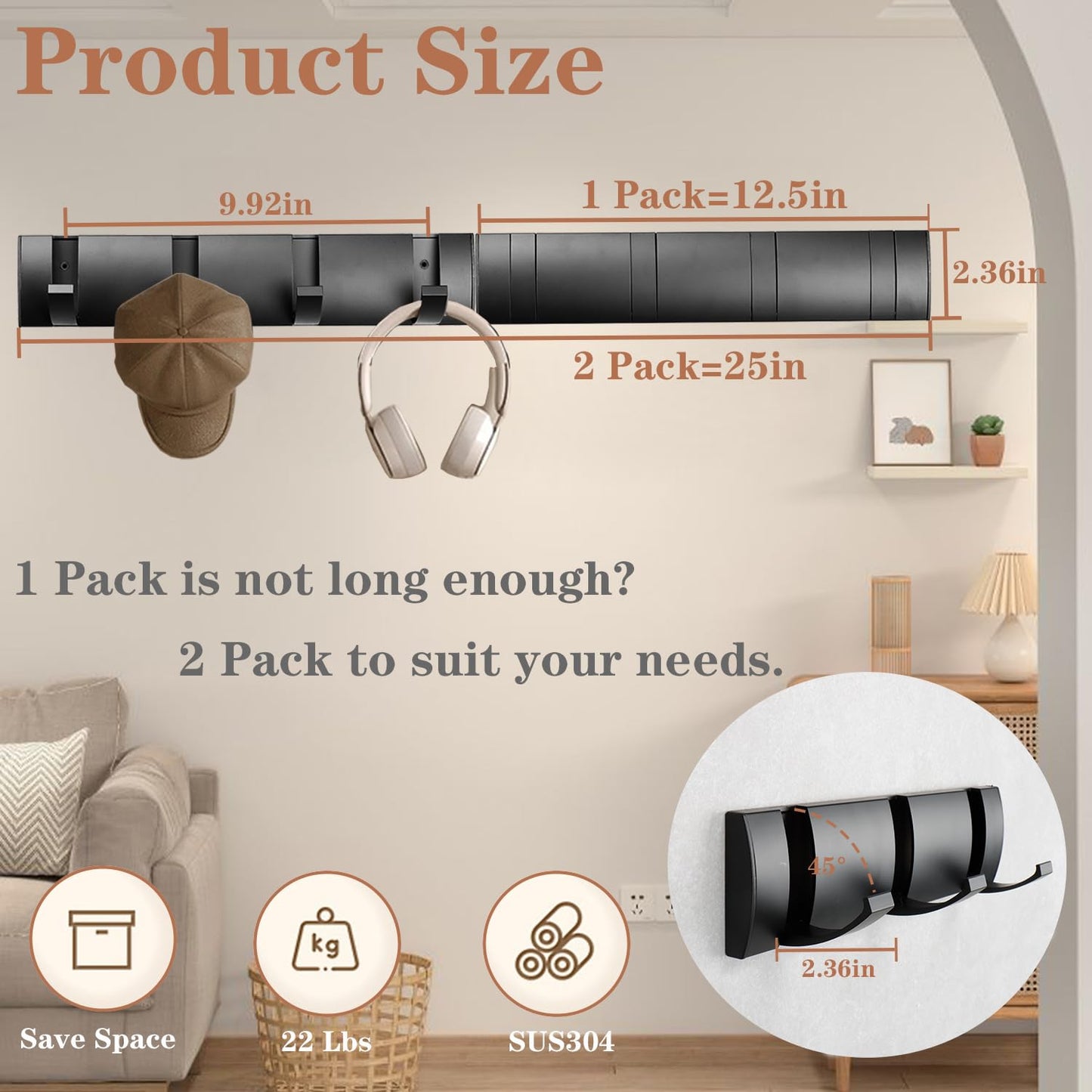 Vanloory Folding Coat Hooks, Wall Mounted Coat Rack with 8 Retractable Hooks, Heavy Duty Towel Rack for Bathroom Wall Hook for Hanging Clothes Bathrobe, Stainless Steel Coat Hanger for Entryway(Black)