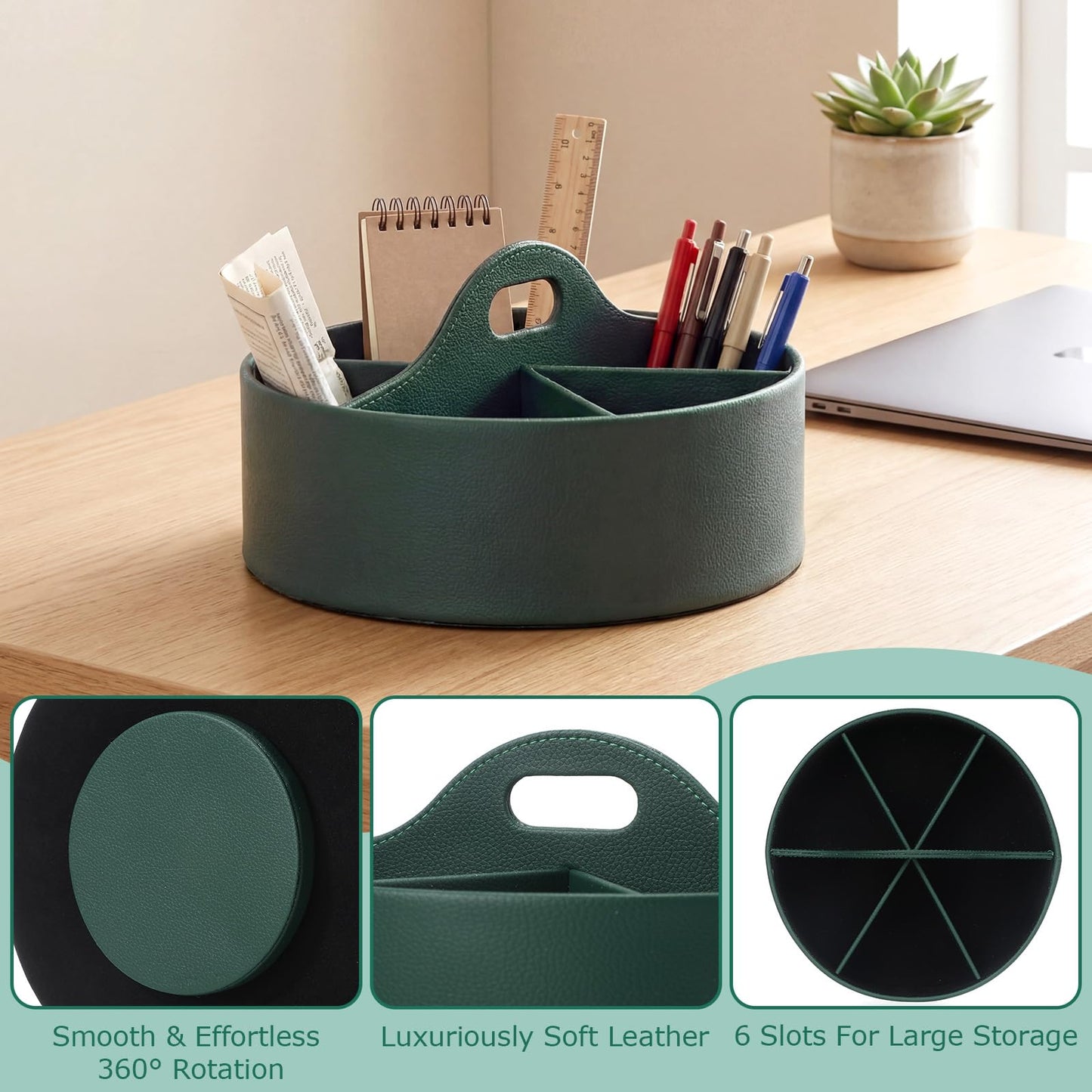 YooNotee 360° Rotating Leather Desk Storage Organizer with 6 Slots and Handle Extra-large Pen Holder Spinning Pencil Storage Lazy Susan Organizer Office Desk Supplies Marker, Art Supply(Green)