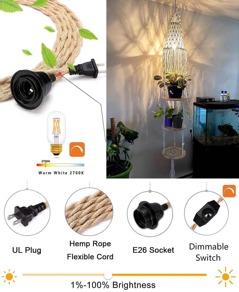 QIYIZM Boho Plug in Pendant Light Hanging Light with Plug in Cord,Dimmable Switch Hanging Lamp Macrame Lamp Shade and Plant Holder Shelf Indoor for Bohemian Decor Bedroom Corner Living Room