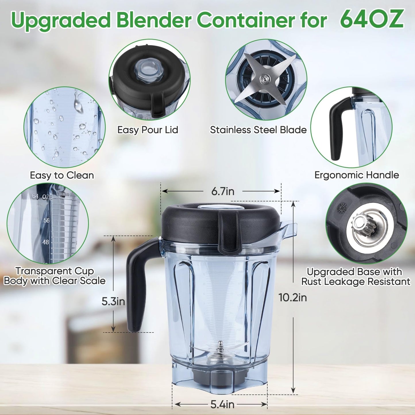 Blender Pitcher 64oz Low-Profile, Replacement Pitcher Container Jar Cup Compatible with 750, 5200, 5000, 6300, 7500, 7800, Vm0102, Vm0103, Vm0197, E310 Classic/Explorian/Commercial Series