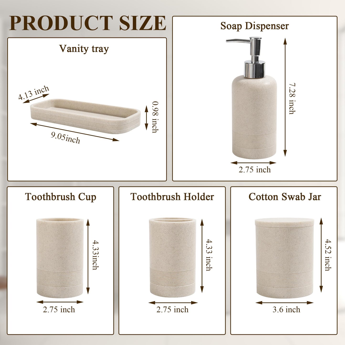 Bathroom Accessories Set, 6-Piece Bathroom Accessory Set, Toothbrush Holders Set, Soap Dispenser, Vanity Tray, Tumbler, Cotton Swab Jars, Bathroom Organizer for Modern Bathrooms(Beige)