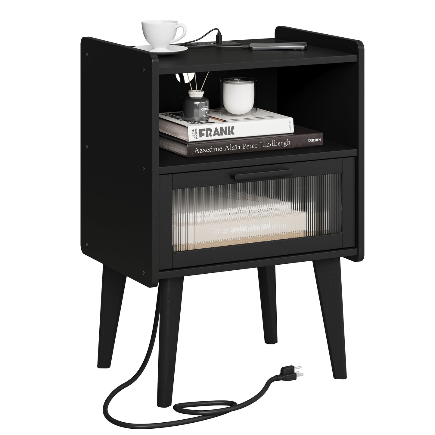 MMEOLUOOK Nightstand with Charging Station, Bedside Tables, End Table Side Table with 2 Tiers Storage Space, for Bedroom, Living Room, Black CAMLBZ07BE