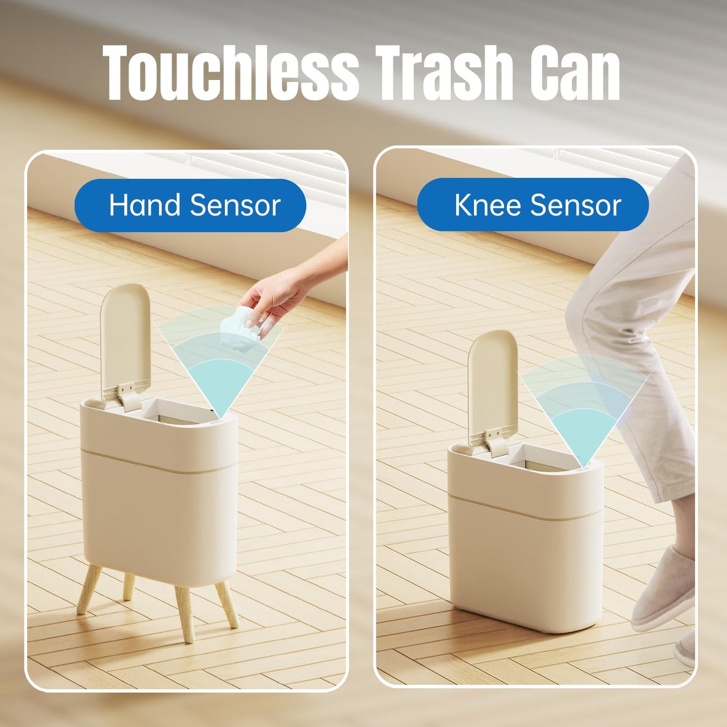 Yatmung Motion Sensor Bathroom Trash Can with Lid 2.5 Gal Smart Trash Bin - Waste Basket for Bedroom, Office, Living Room - Slim Bathroom Garbage Can Automatic Touchless - White with Wooden Legs