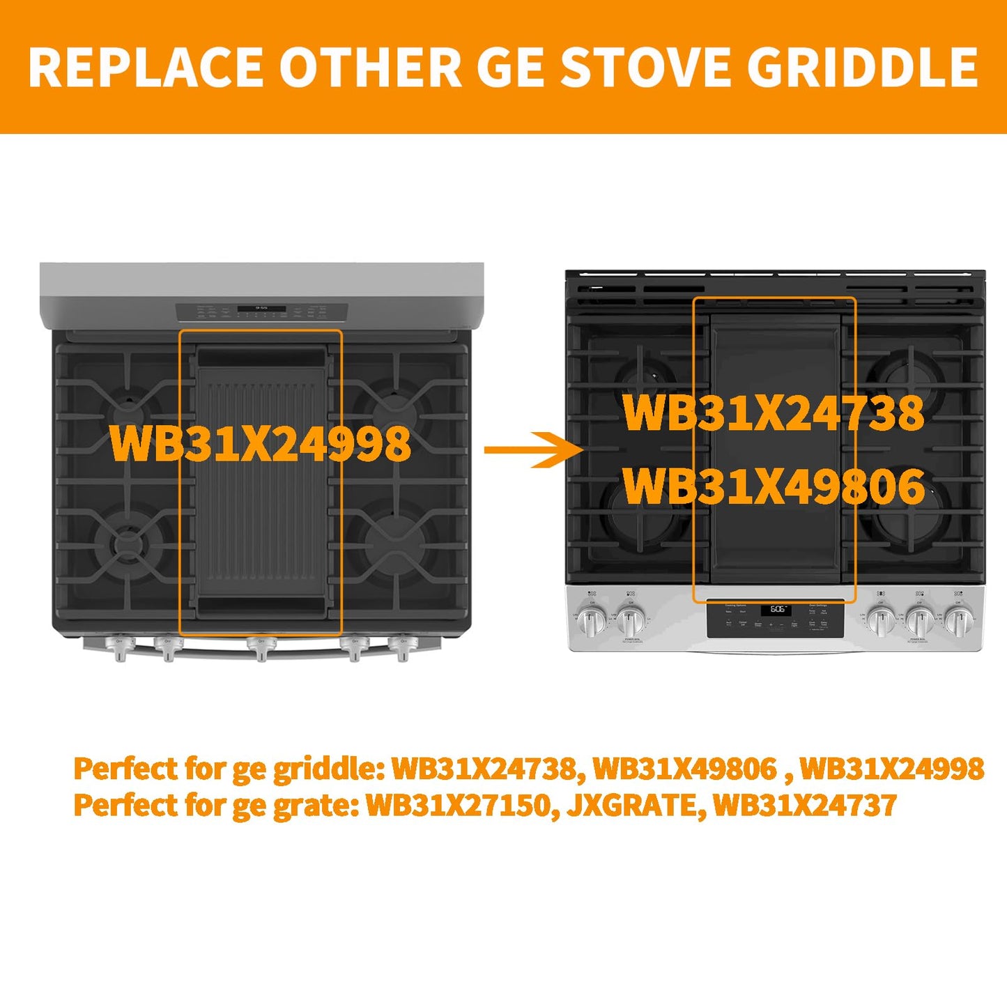 Upgraded WB31X24738 Griddle Replacement Parts for GE Stove Parts WB31X49806 Cast Iron Center Griddle Plate WB31X24998 19.5" x 9" General Electric Gas Range Burner Griddle GE Cooktop Flat Top Pan