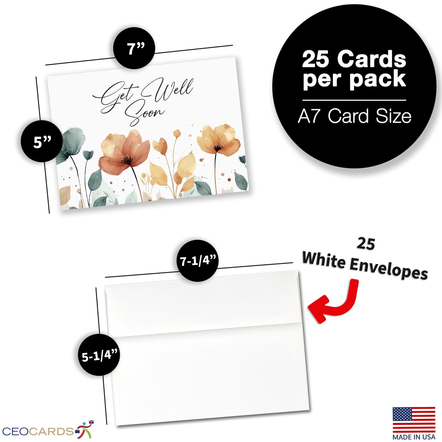 Get Well Soon Cards with Envelopes for Business & Family (Flowers) Bulk 25 Pack of Thoughtfully Designed Recovery Cards with Envelopes (5x7 inch - A7) Office, Work, Employees & Clients (GW2402)