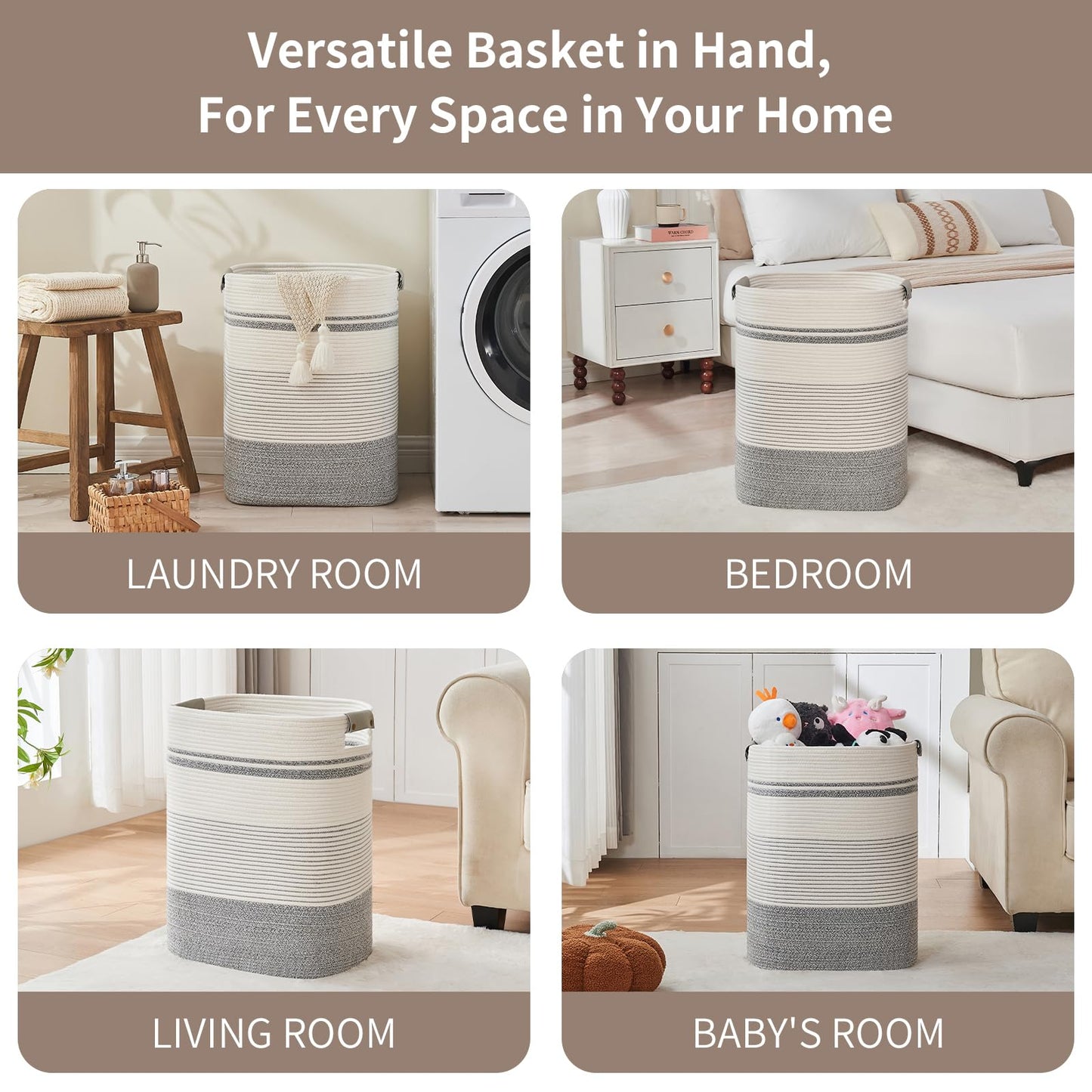 AINUOQI Laundry Basket with Handles - Blanket Basket & Hampers for Bedroom Aesthetic, Laundry Hamper & Blanket Storage for Living Room, Clothes Hamper, Tall, Large 17" x 14" x 22”, Grey & White