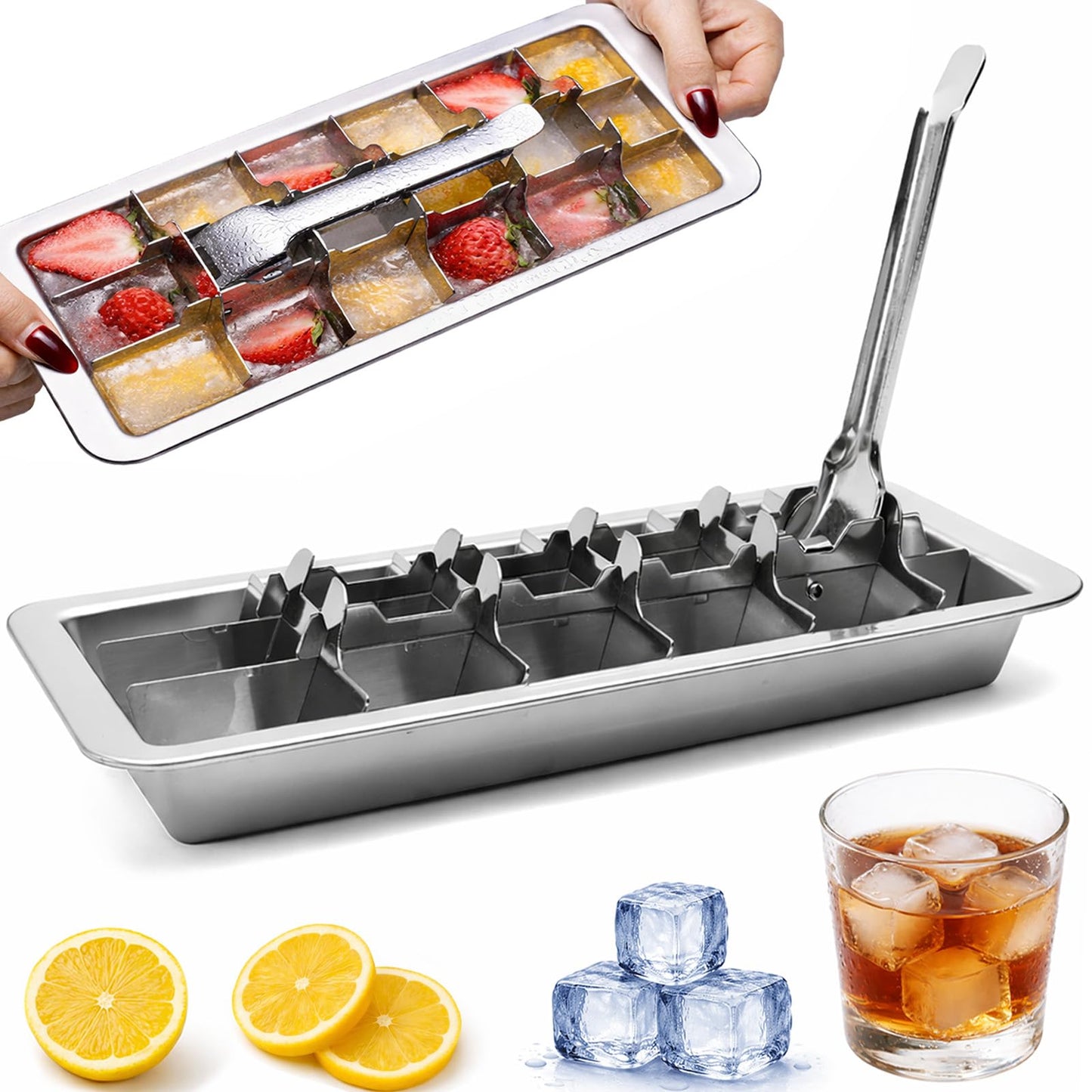 GHAHILI Stainless Steel Ice Cube Trays, Metal Ice Cube Trays for Freezer Vintage Inspired Design with Release Lever Remove Handle for Making Large Cubes Kitchen & Bar (1pcs)