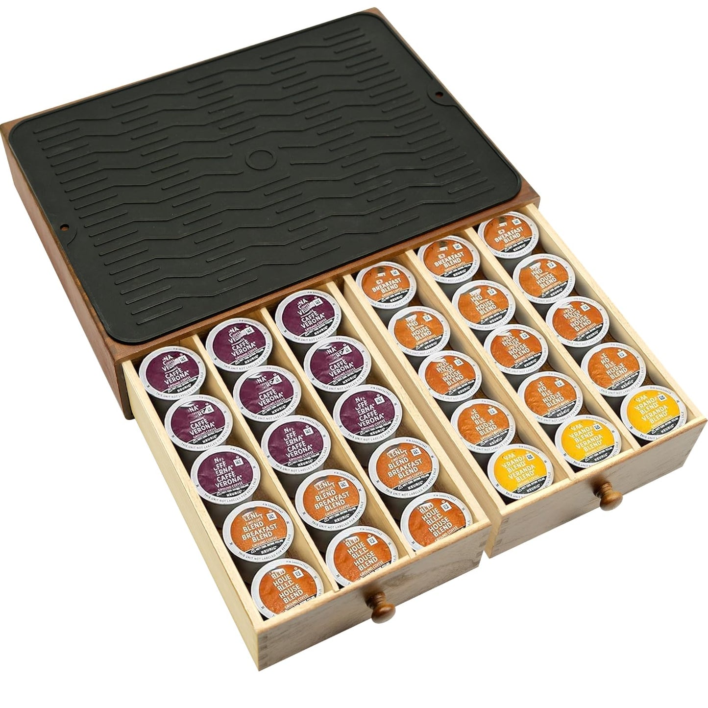 Wooden Coffee Pod Drawer,Holders for Counter with 2 Drawers and Silicone Non-Slip Pad, Drawer Organizer (30 Pod Capacity)