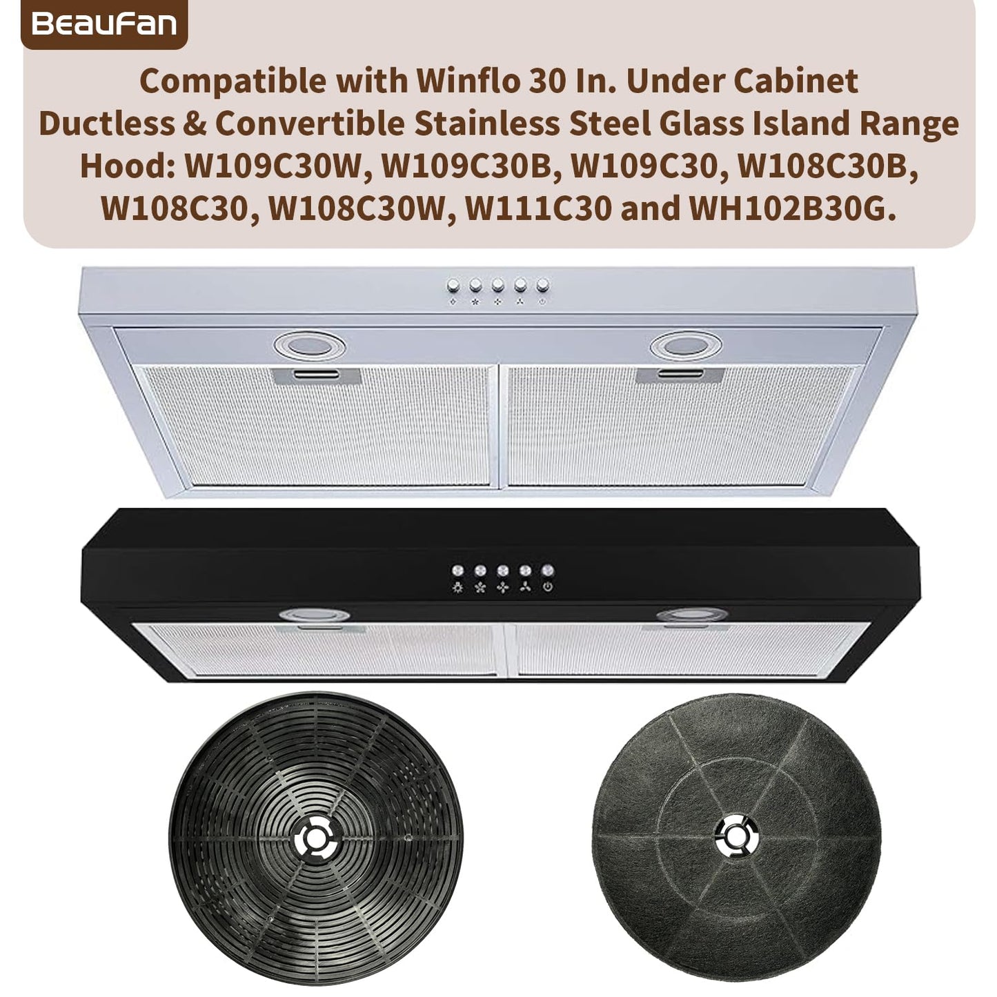 Beaufan 4 ‎WRHF004S2 Carbon Charcoal Filters Compatible with Winflo 30 In. Convertible Under Cabinet Ductless/Stainless Steel Glass Island Range Hood