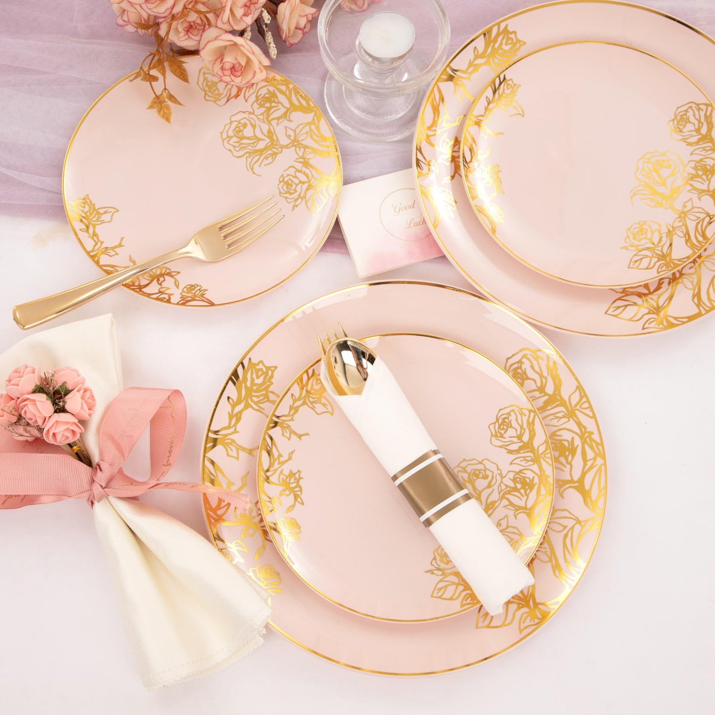DaYammi 210Pcs Pink Plastic Plates,Pink Gold Floral Disposable Dinnerware Set-30 Dinner Plate,30 Salad plate,30 Per Rolled Napkins with Gold Cutlery,30 Cups,Fancy Party Plates for Wedding Party