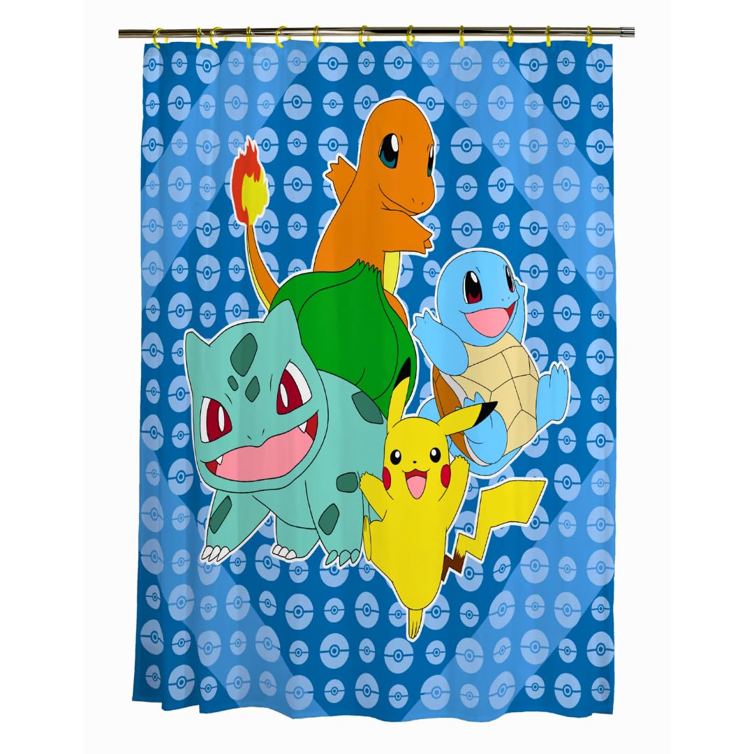 Pokemon Anime 13-Piece Shower Curtain Set, 72 x 72 Inch Fabric Curtain with Hooks, Bathroom Decor, Machine Washable, (100% Officially Licensed Product) by Franco Collectibles