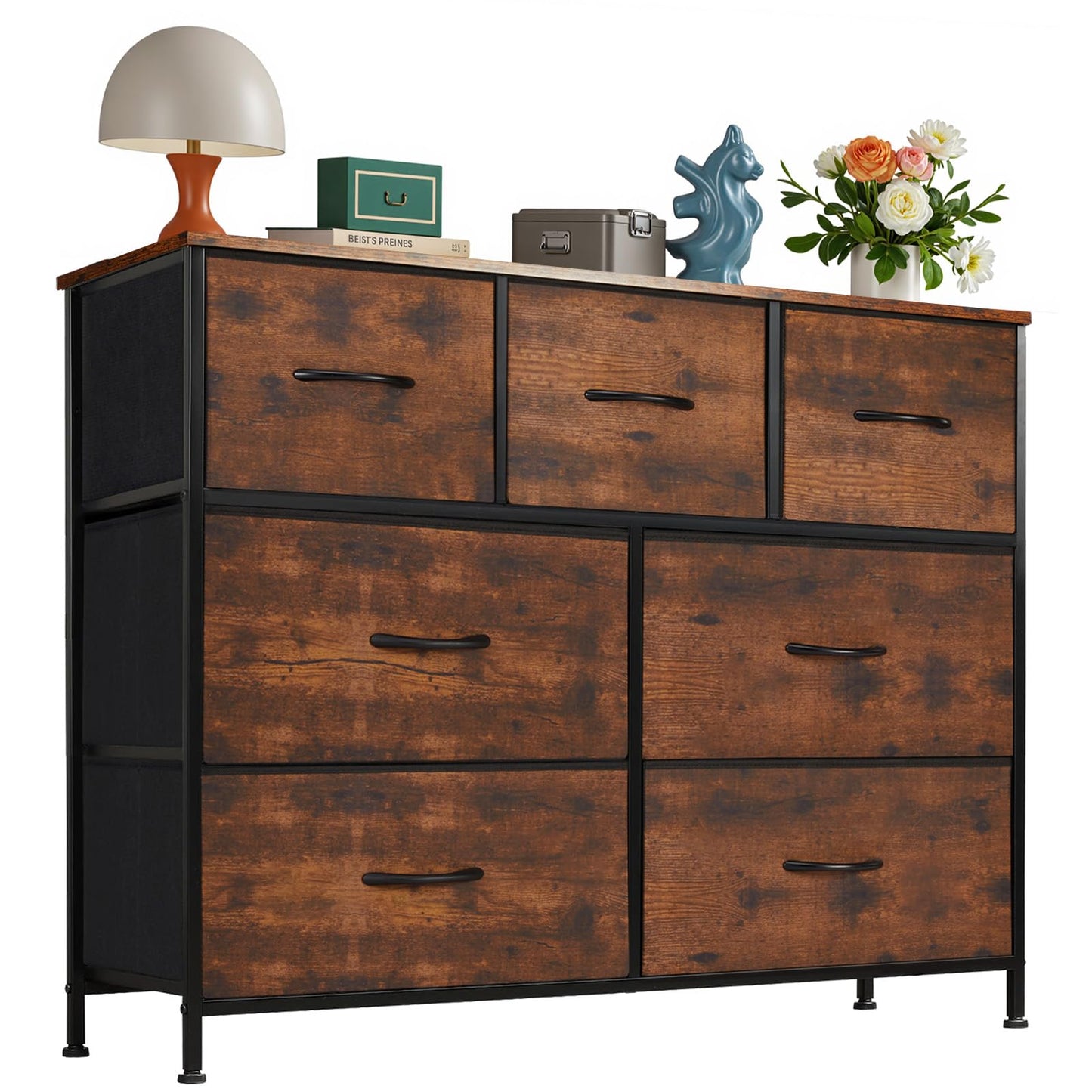 OLIXIS 7 Drawer Dresser for Bedroom, Wide Fabric Storage Tower with Wooden Top and Metal Frame, Closet Chest Organizer Furniture, TV Stand for Living Room Hallway, Rust Brown