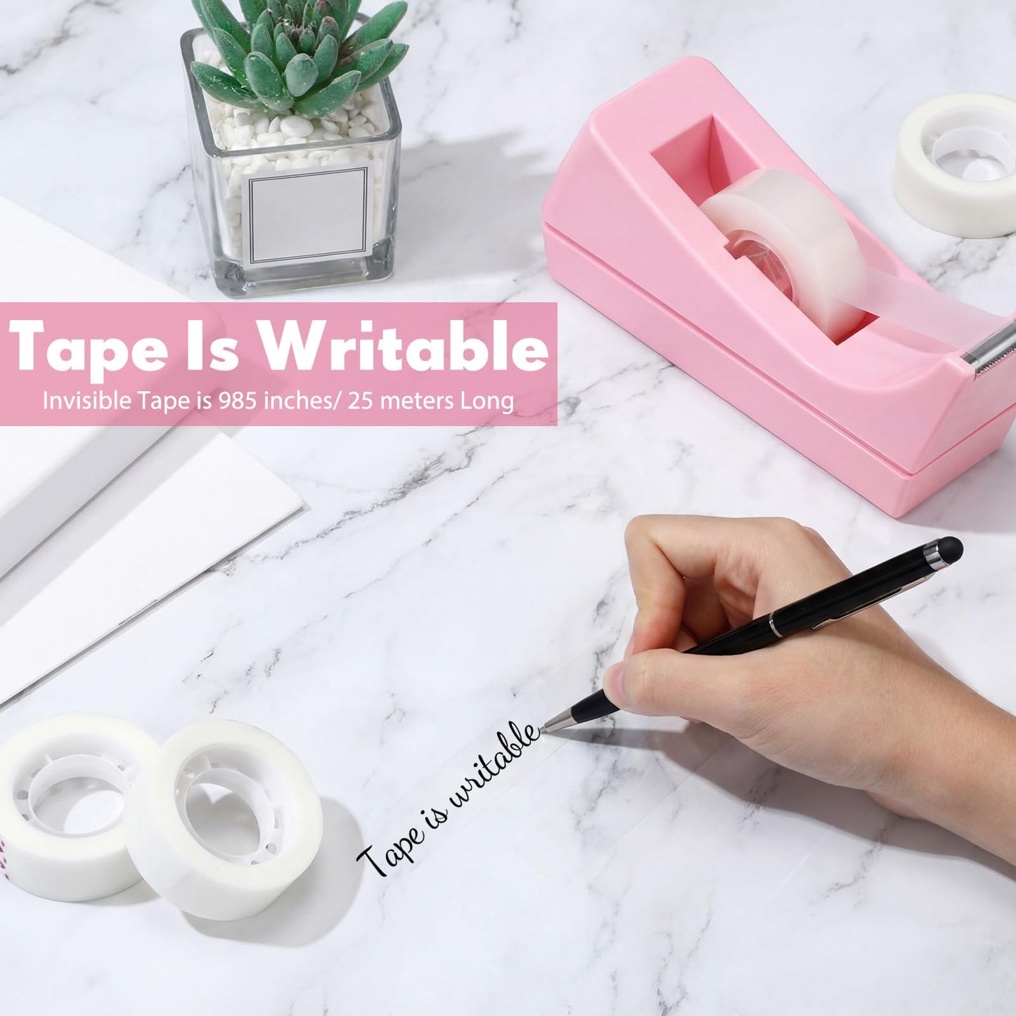 Yahenda 10 Pack Pink Desktop Tape Dispenser Non Skid Base with 0.7 x 985 Inches Invisible Tape Refills Bulk Weighted Roll Dispenser for Office Home School