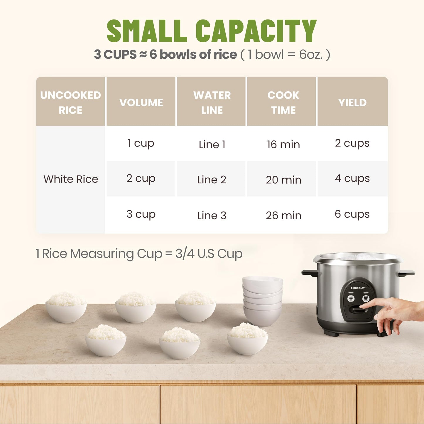 MOOSUM 3-Cup Uncooked Rice Cooker Small, Stainless Steel Non-Toxic Inner Pot, One-Touch Multifunction for Rice/Sauté/Yogurt, Dishwasher Safe, 1-3 People Size, Silver