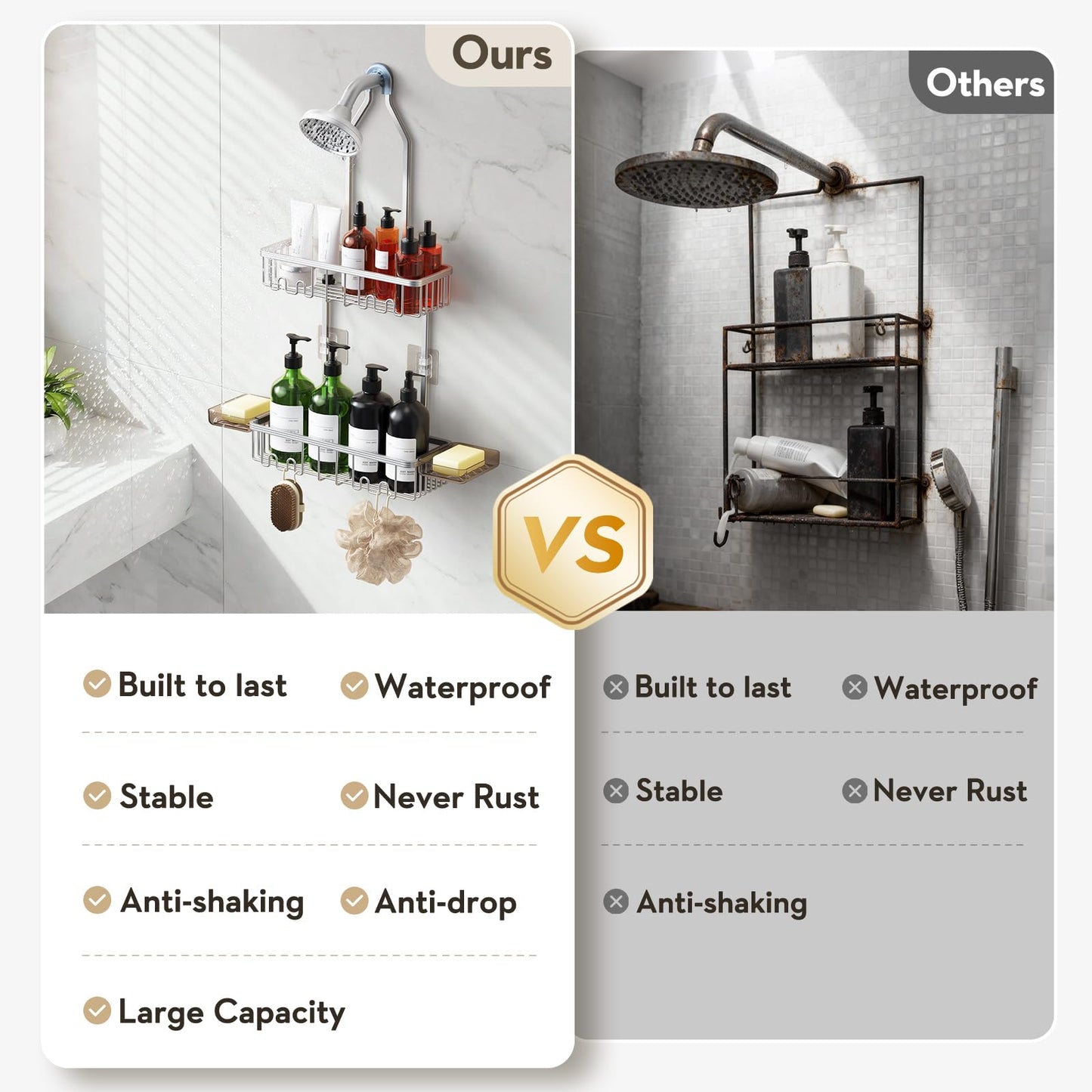 VALORDINE Shower Caddy Hanging, Never Rust Shower Organizer Hanging, Aluminum Shower Racks for Inside Shower with Hooks for Razor, Bathroom Organizers and Storage with Soap Holder, Bright Silver