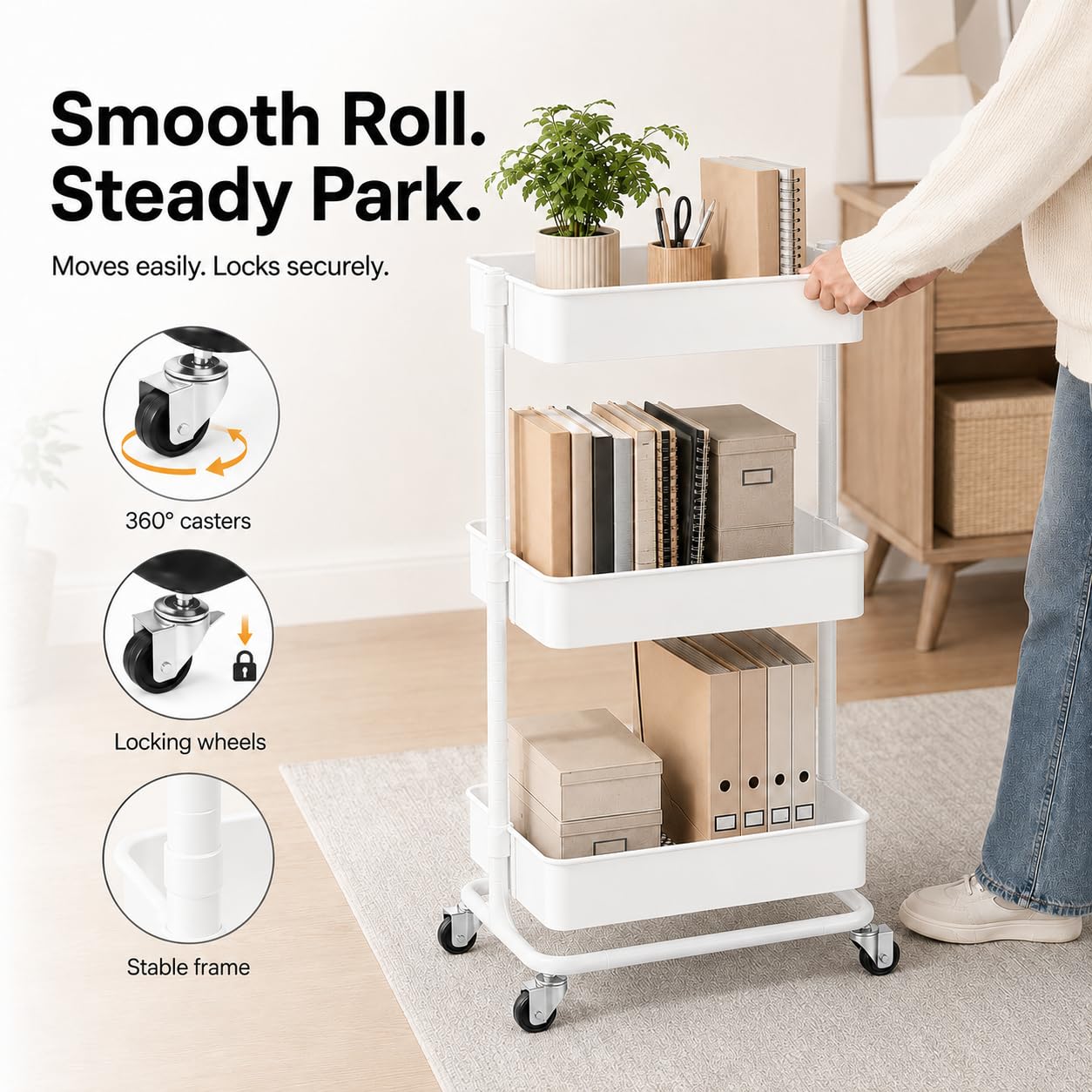 3 Tier Utility Rolling Cart, Heavy Duty Metal Rolling Cart with Wheels, Storage Organizer, Portable Mobile Shelving Unit for Office, Bathroom, Kitchen (White)