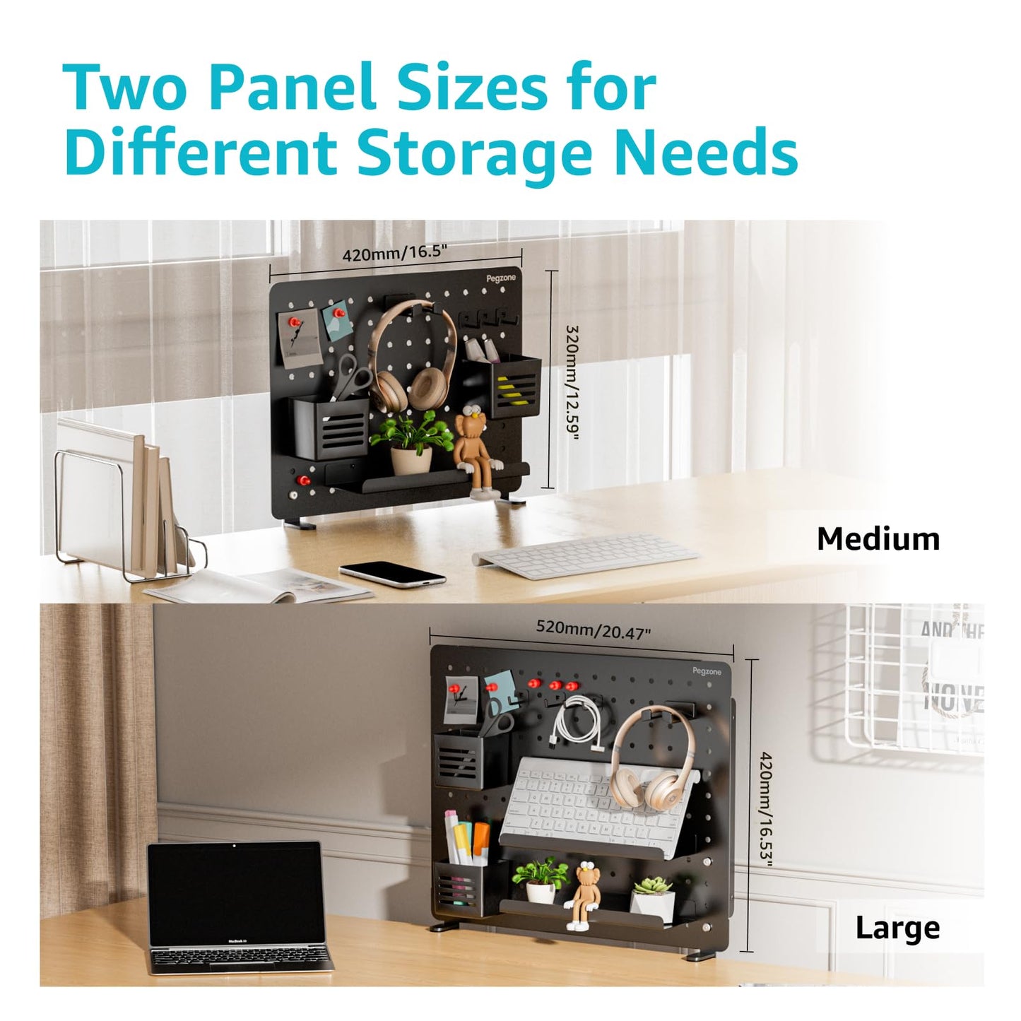 PEGZONE Clamp-on Desk Pegboard, Desk Organizer for Office Gaming Home, Magnetic Metal Peg Board with 15 Accessories, Privacy Panel for Office, 20.4" x 16.5", Large, Black
