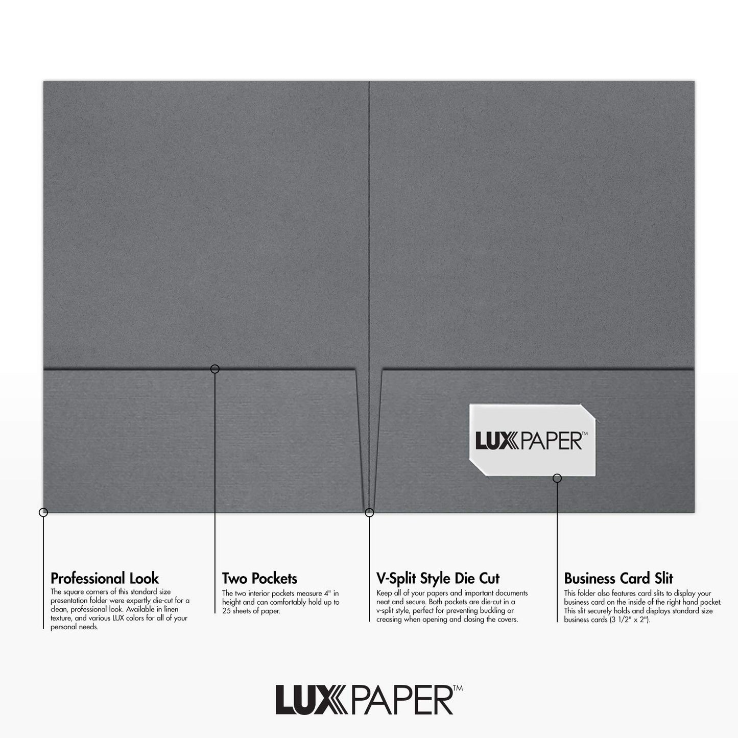 LUXPaper 9" x 12" Presentation Folders | Two Pocket | Front Cover Card Slits (Lower Right) | Sterling Gray Linen | 100lb. Cover | 25 Qty
