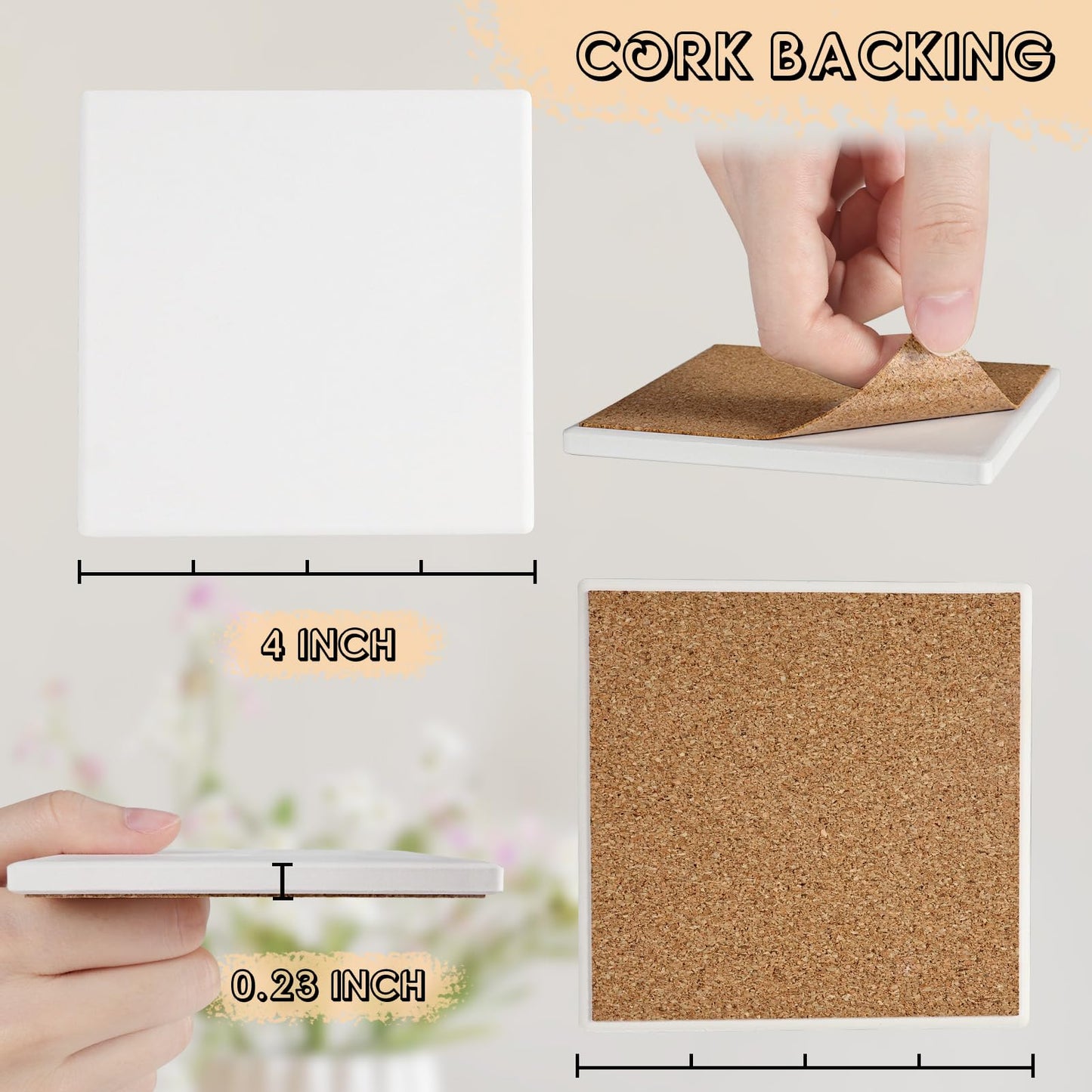 Ceramic Tiles for Crafts, GOH DODD 24 PCS Unglazed Blank Coasters with 24 PCS Cork Backings for Painting, Alcohol Ink, Acrylic Pouring, Decoupage, Arts, DIY Craft Gifts, Square, 4 Inch, White