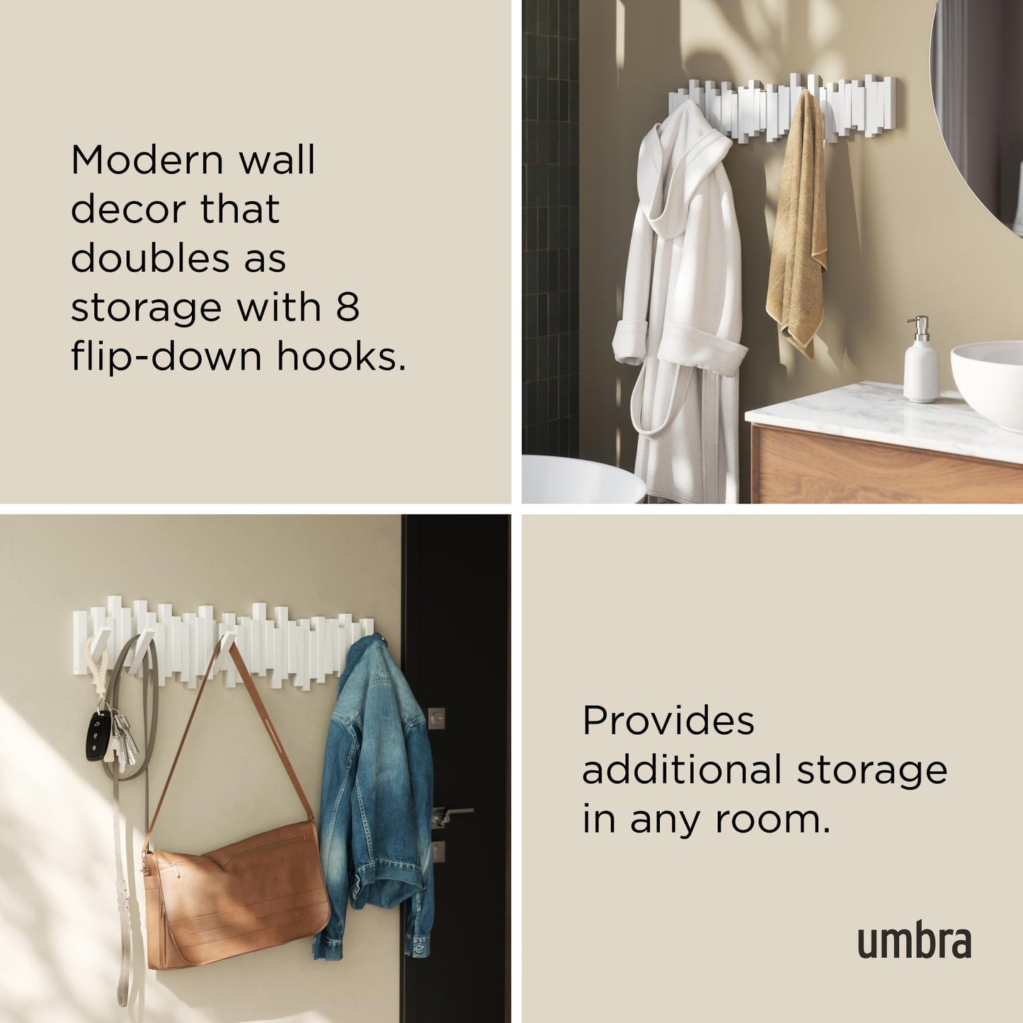 Umbra Sticks Wall-Mounted Coat Rack Rail Hook with 8 Retractable Pegs – Modern, Space-Saving Storage Organizer, White