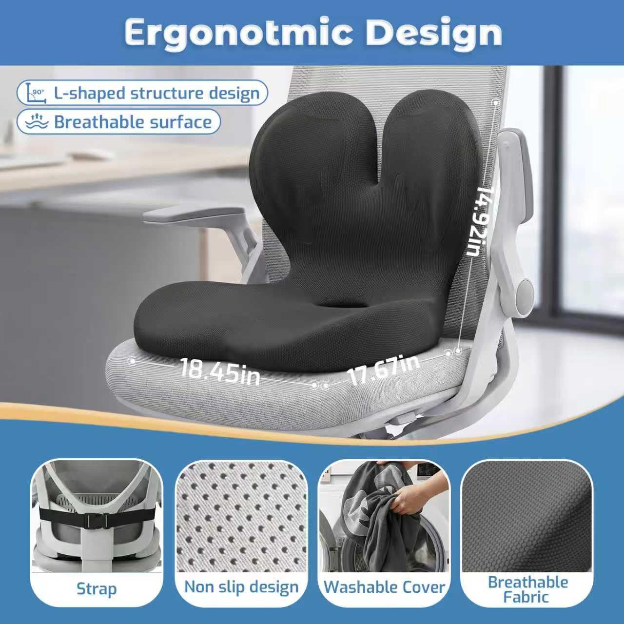 ECONVCE Memory Foam Seat Cushion,Orthopedic Ergonomic Seat Cushions for Tailbone,Sciatica, and Back Pressure Relief,L-Shaped Design & Adjustable Strap,Lumbar Support Pillow for Office,Car,Desk Chair