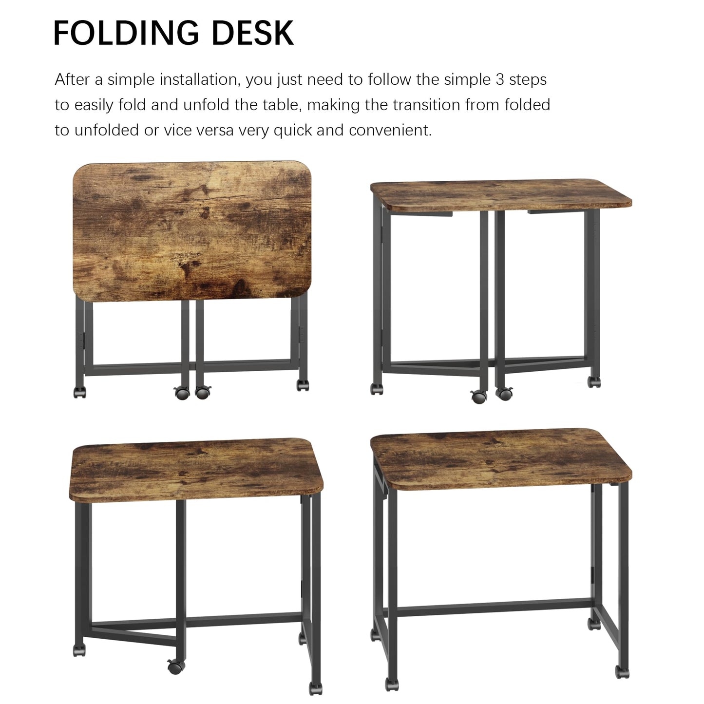JSB Small Folding Computer Desk with Storage Bag and Hook Writing Modern Industrial Work Table Laptop for Home Office White (Rustic & Brown, 23.6")