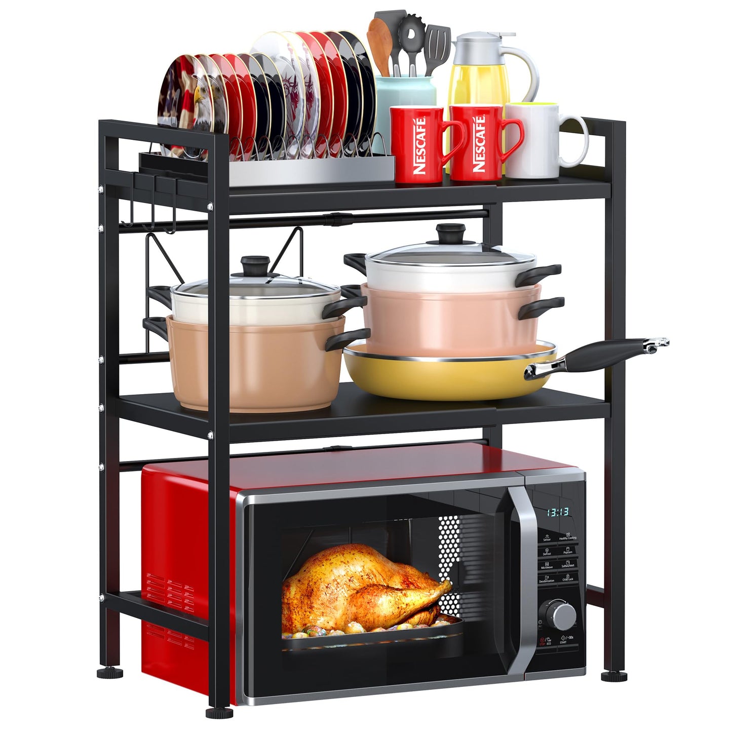 PUSDON 3-Tier Expandable Microwave Oven Rack, Countertop Baker's Rack Style Shelf, Heavy Duty Adjustable Standing Shelf with Hooks, 160lbs Capacity Kitchen Space Saver, Matte Black