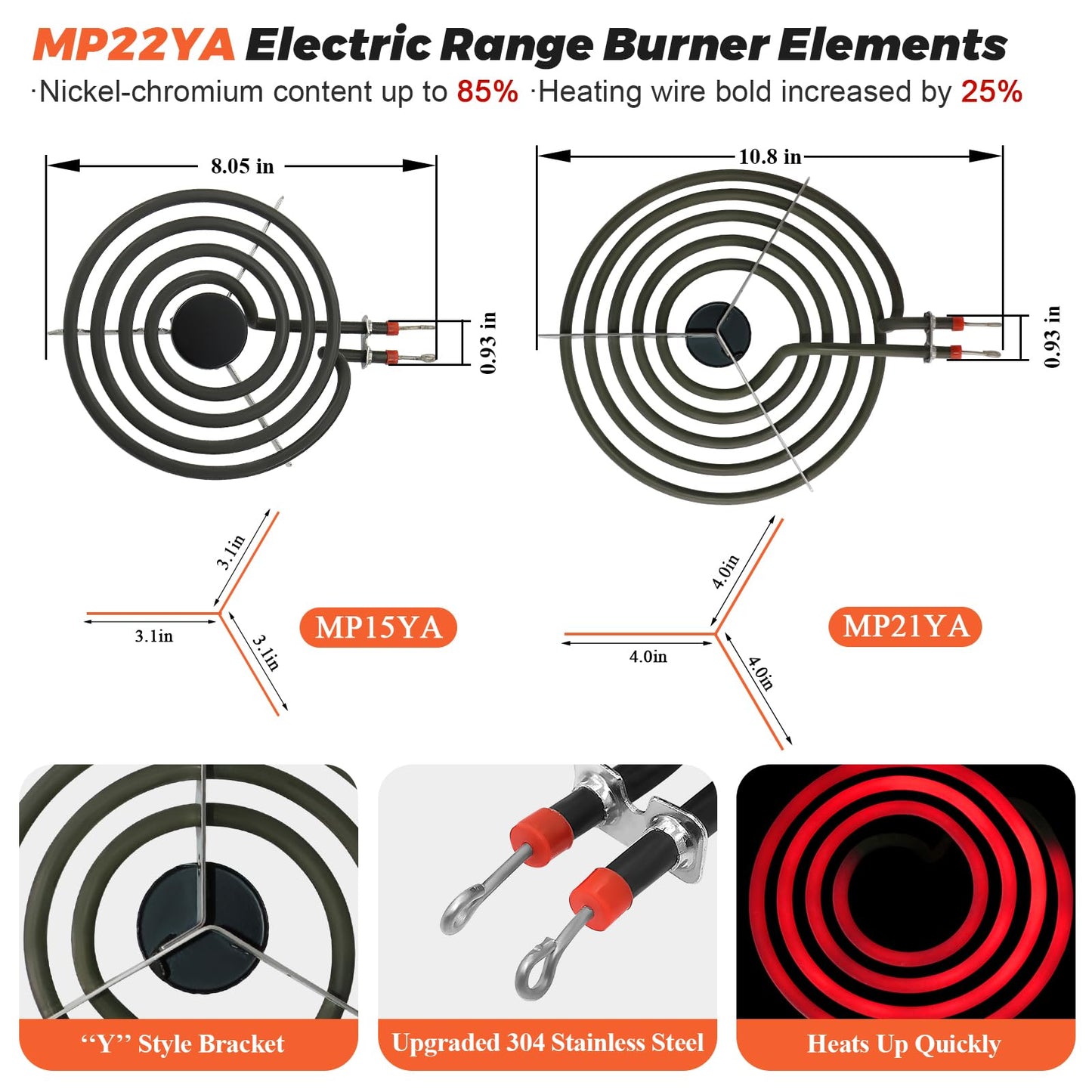 【UPGRADED】5304430149 5304430150 Porcelain Drip Pan Bowls & MP22YA Electric Range Burner Element Unit Set Fit for Frigidaire Kenmore Crosley Range Oven Stove Replace 318067041 318067051 by Beaquicy