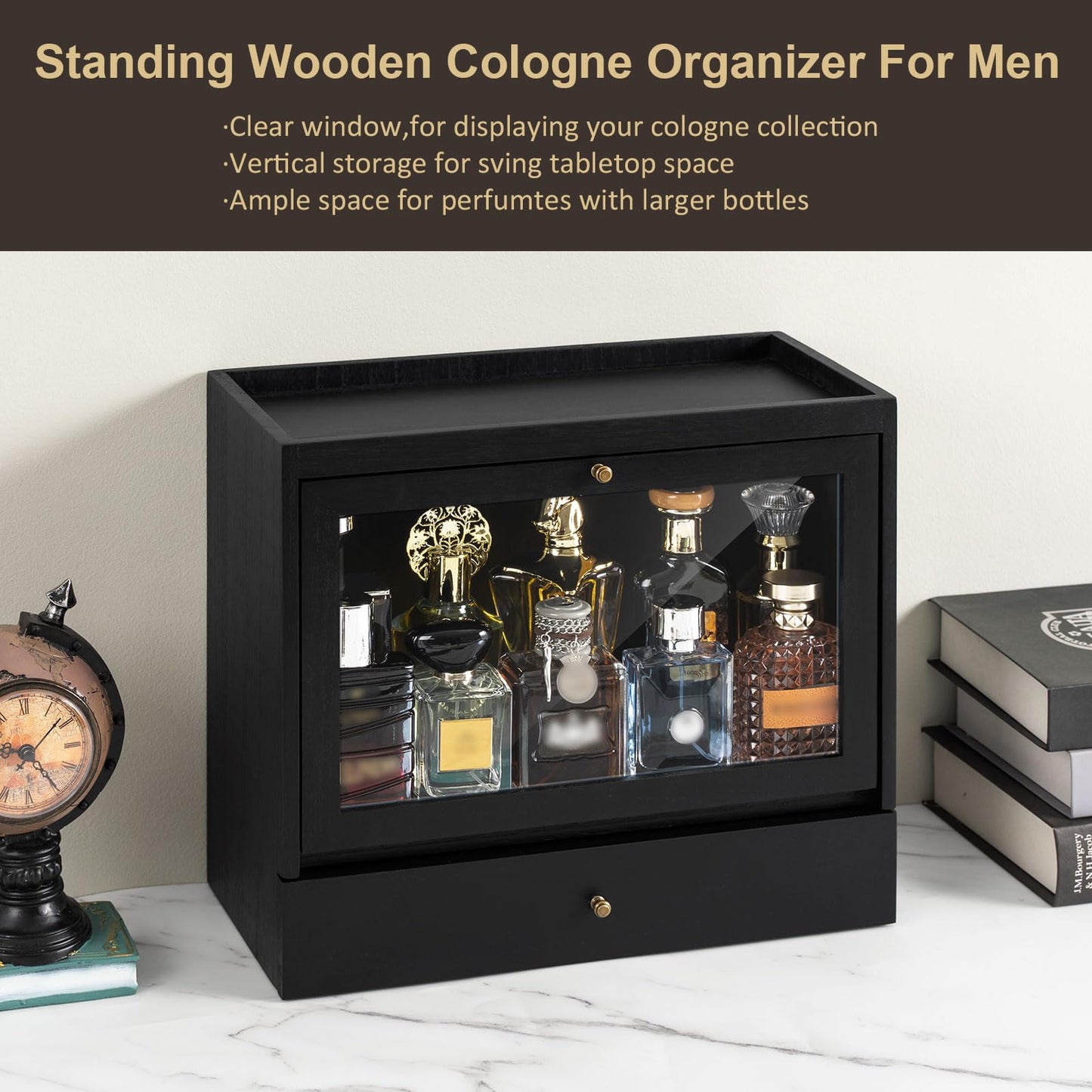 Emfogo Cologne Organizer for Men, Solid Wood Perfumes Organizer for Men Dresser, Large Capacity Dustproof Cologne Holder with Drawer Storage Perfume Stand Organizer, Ideal Gift for Loved ones