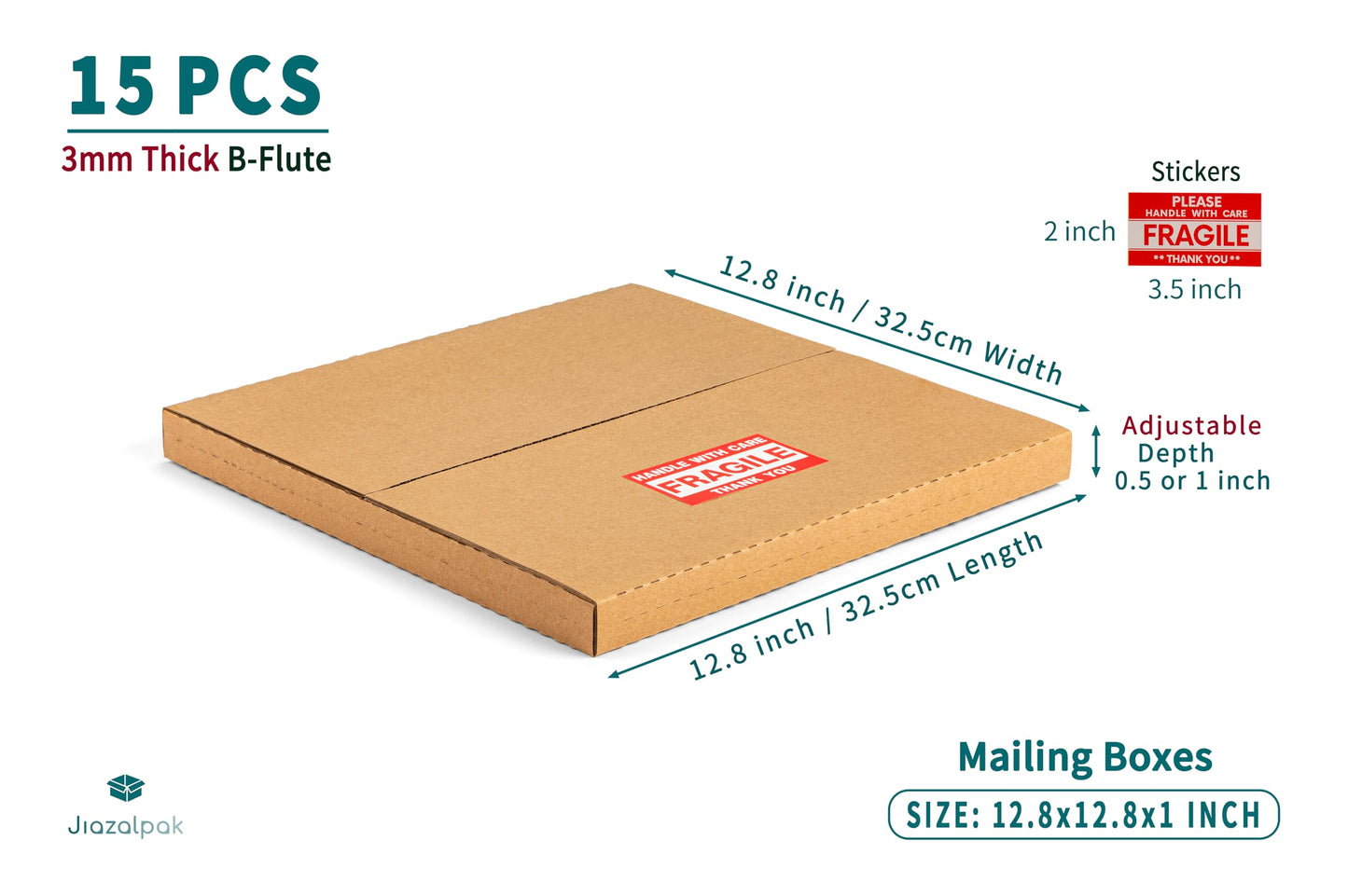 Jiazalpak 12-inch Vinyl Record Shipping Boxes, 12.8x12.8x1 inch, Easy-Fold, Multi-Depth LP Mailers with Fragile Stickers, Brown, 15 Pack