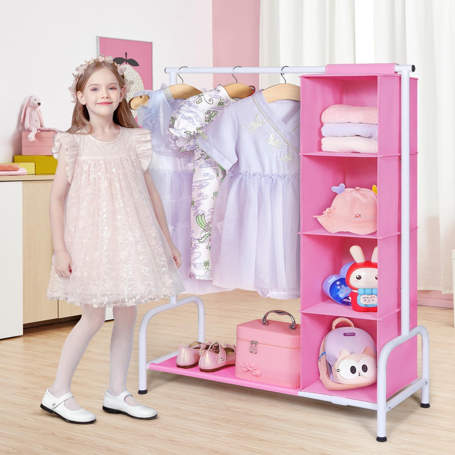 Univivi 43" Tall Kids Clothing Rack, Toddler Dress Up Storage with Hanging Organizer – Sturdy Metal Baby Closet, Space-Saving for Nursery & Bedroom, Pink/White