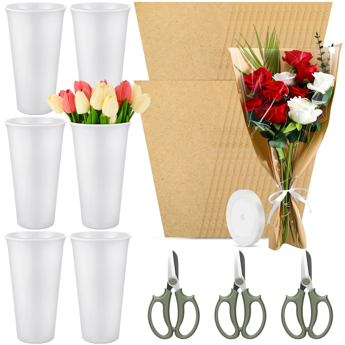 LemonRoad 60 Pcs Flower Bar Buckets Set Kit Include Clear Kraft Flower Bouquet Gift Bags Wrapping Sleeves, 9.84' Plastic Flowers Bucket, Scissors Ribbon for Bar Supplies Wedding Bridal Shower Decor