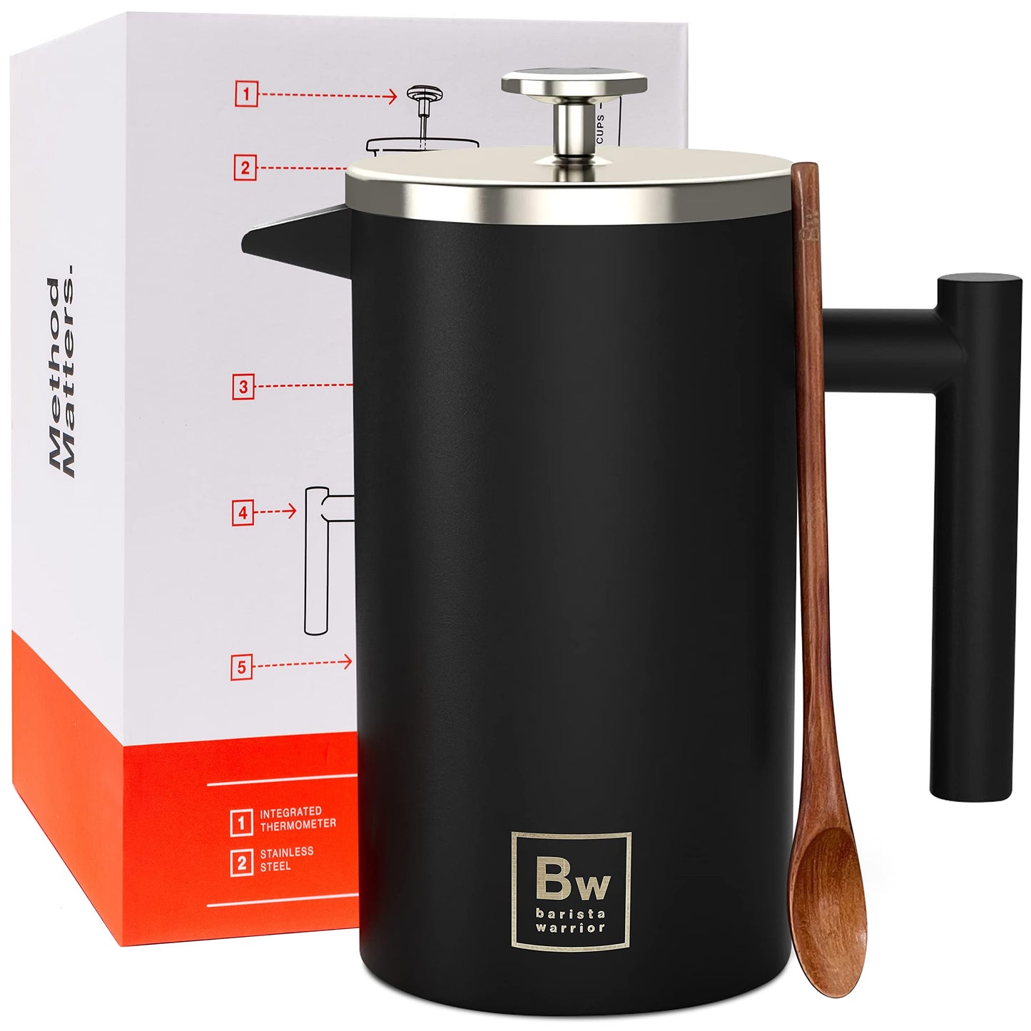 Barista Warrior French Press Coffee Maker - Double-Wall Stainless Steel Insulated French Press with Built-In Thermometer, Dual Filters Coffee Maker with Wooden Spoon - Black
